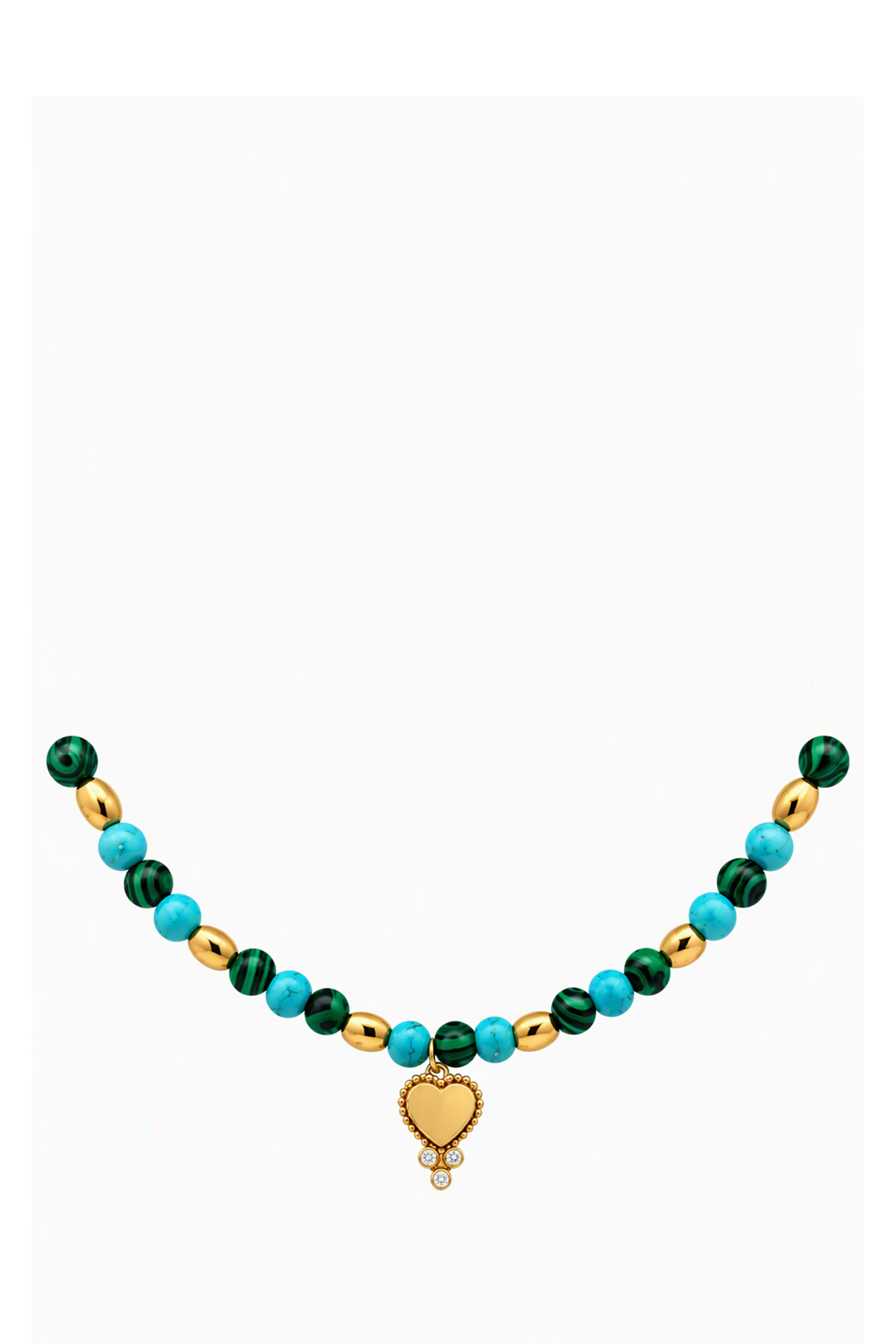 Beaded Trinkel Golden Heart Necklace, 18K Yellow Gold with Emerald & Diamonds