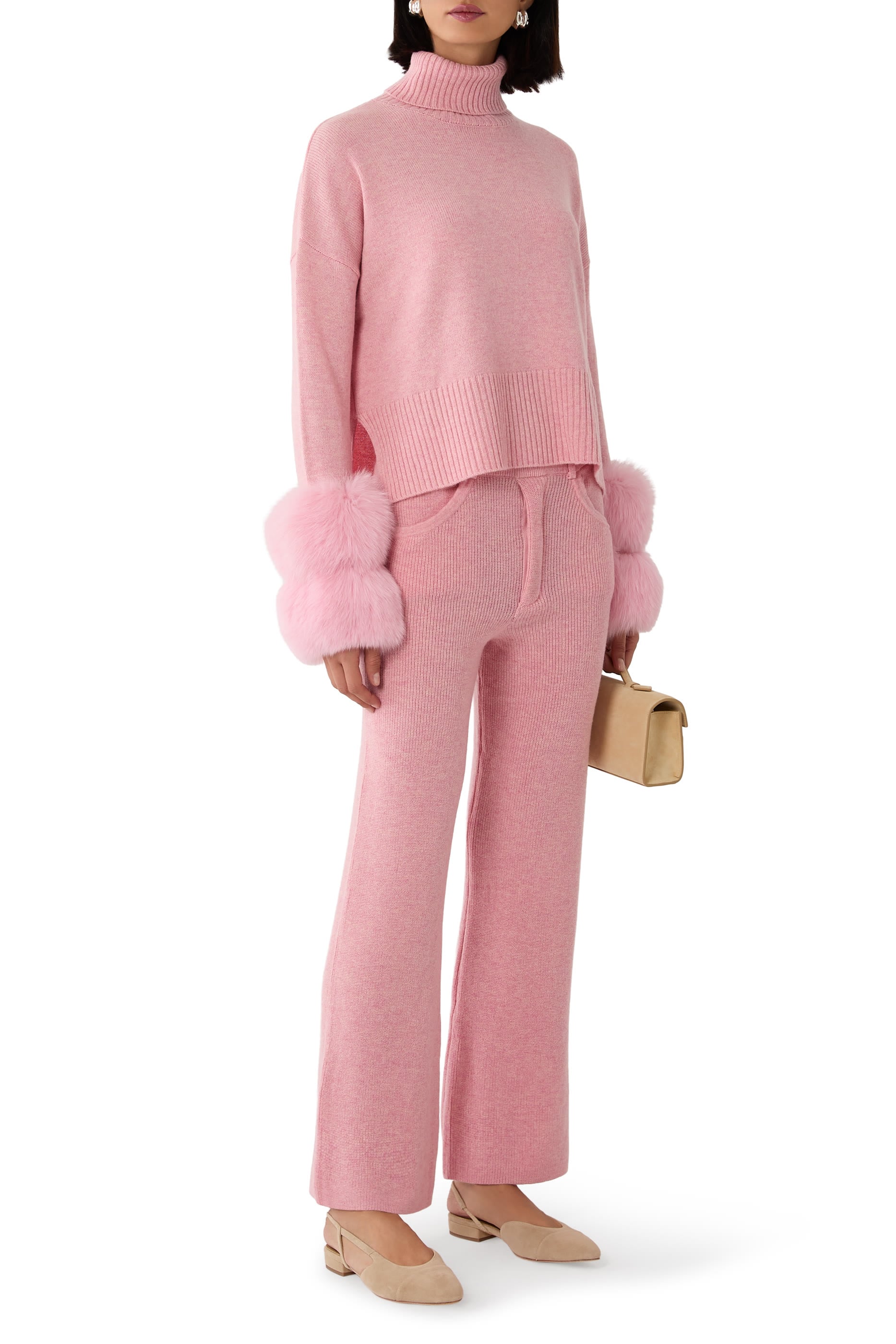 Cropped Roll Neck Sweater with Double Ring Fox Cuffs 