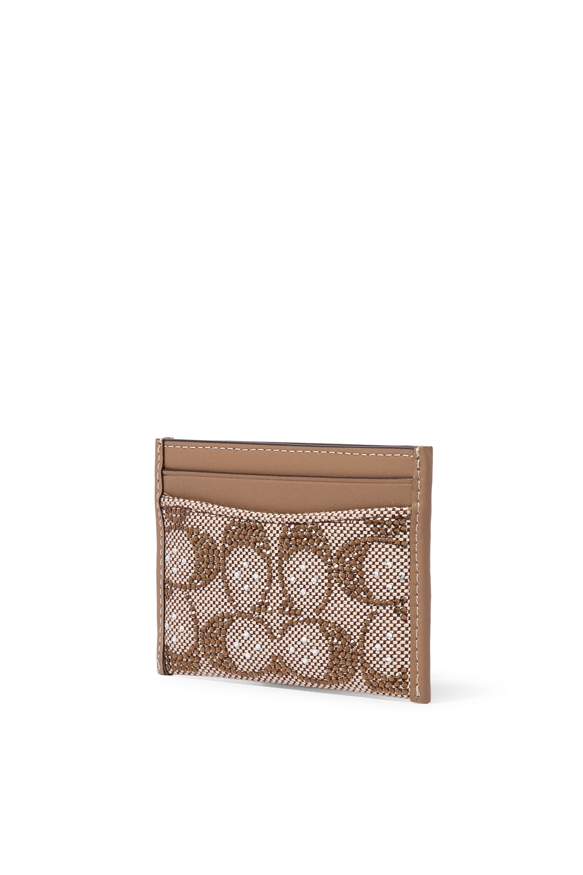 Crystal-Embellished Monogram-Print Leather Card Holder