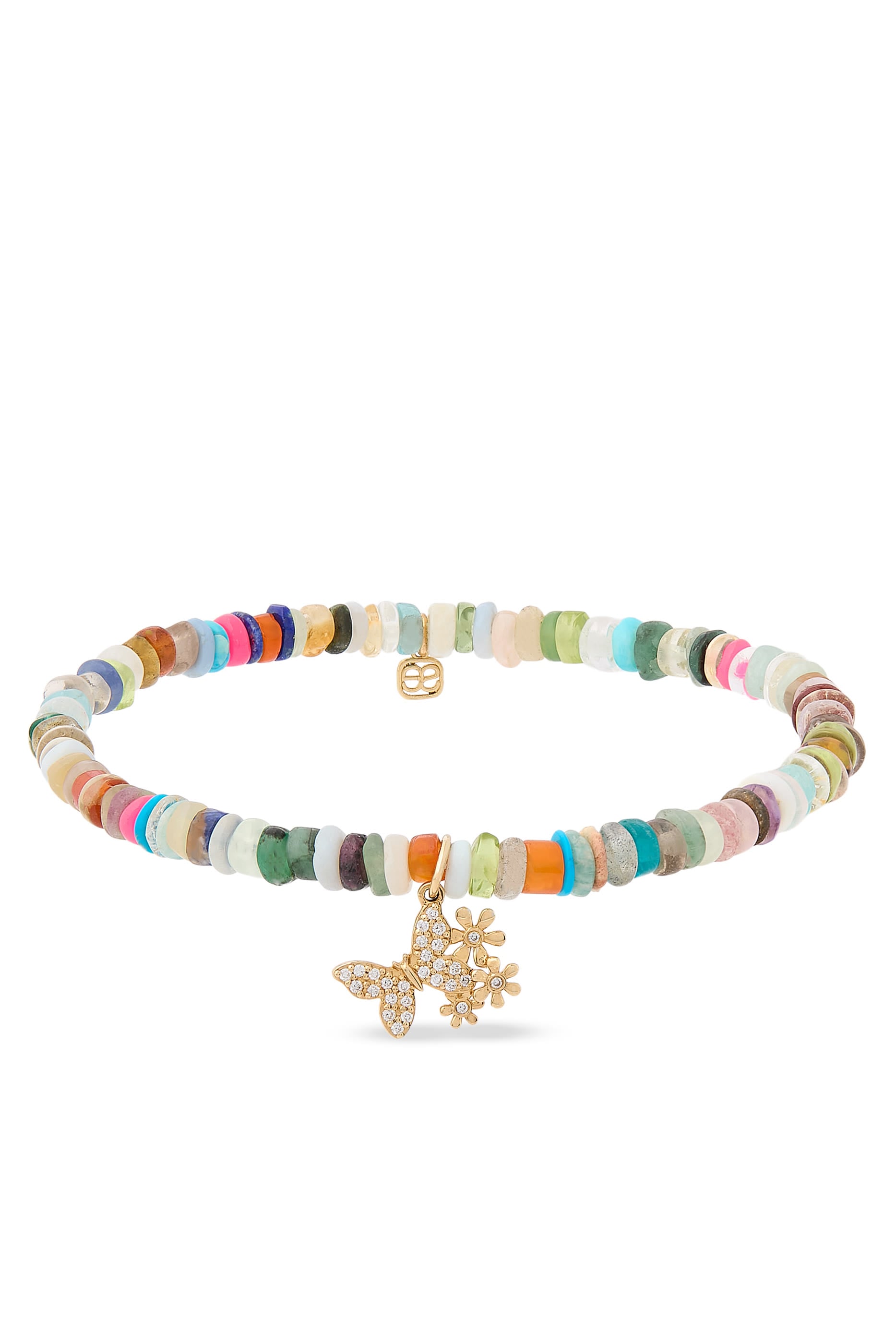Butterfly Daisy Cluster Charm Rainbow Heishi Bracelet, 14K Yellow Gold, Diamonds & Heishi Beads