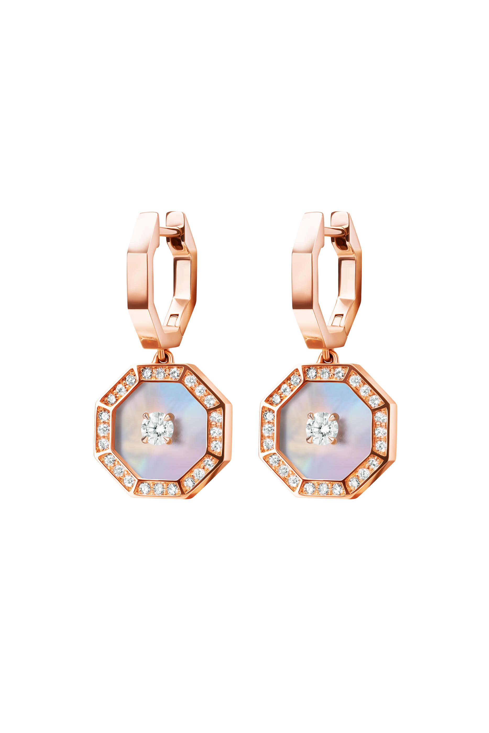 Ahjar Birwaz Dangling Hoop Earrings, 18K Rose Gold with Diamonds & Mother of Pearl