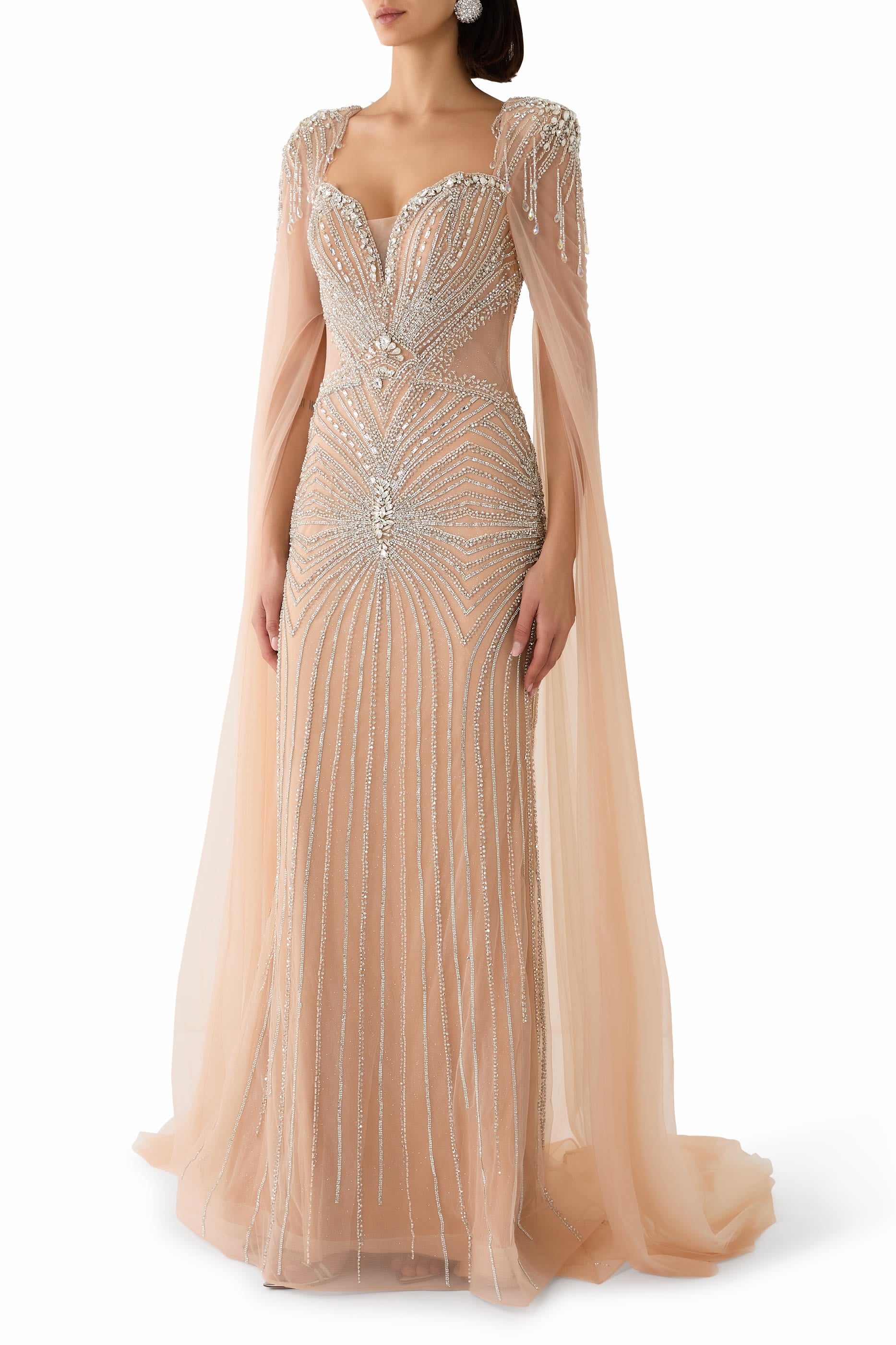 Crystal-Embellished Cape Sleeve Gown