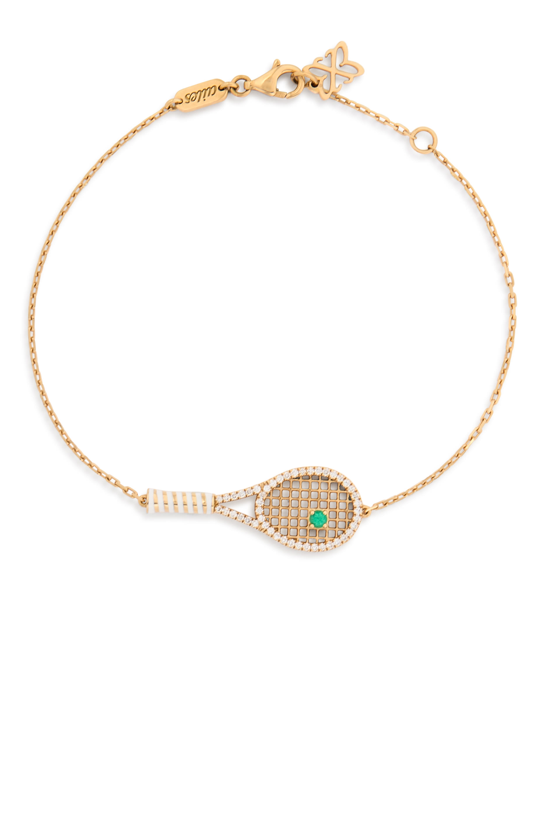 Tennis Racket Bracelet, 18k Yellow Gold with Diamonds & Emerald