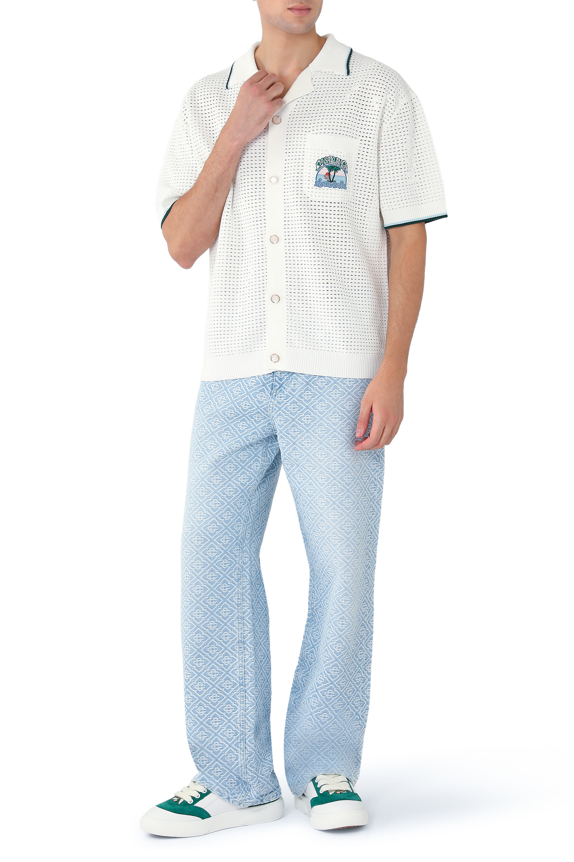  Palm Tree Emblem Crochet Short Sleeve Shirt