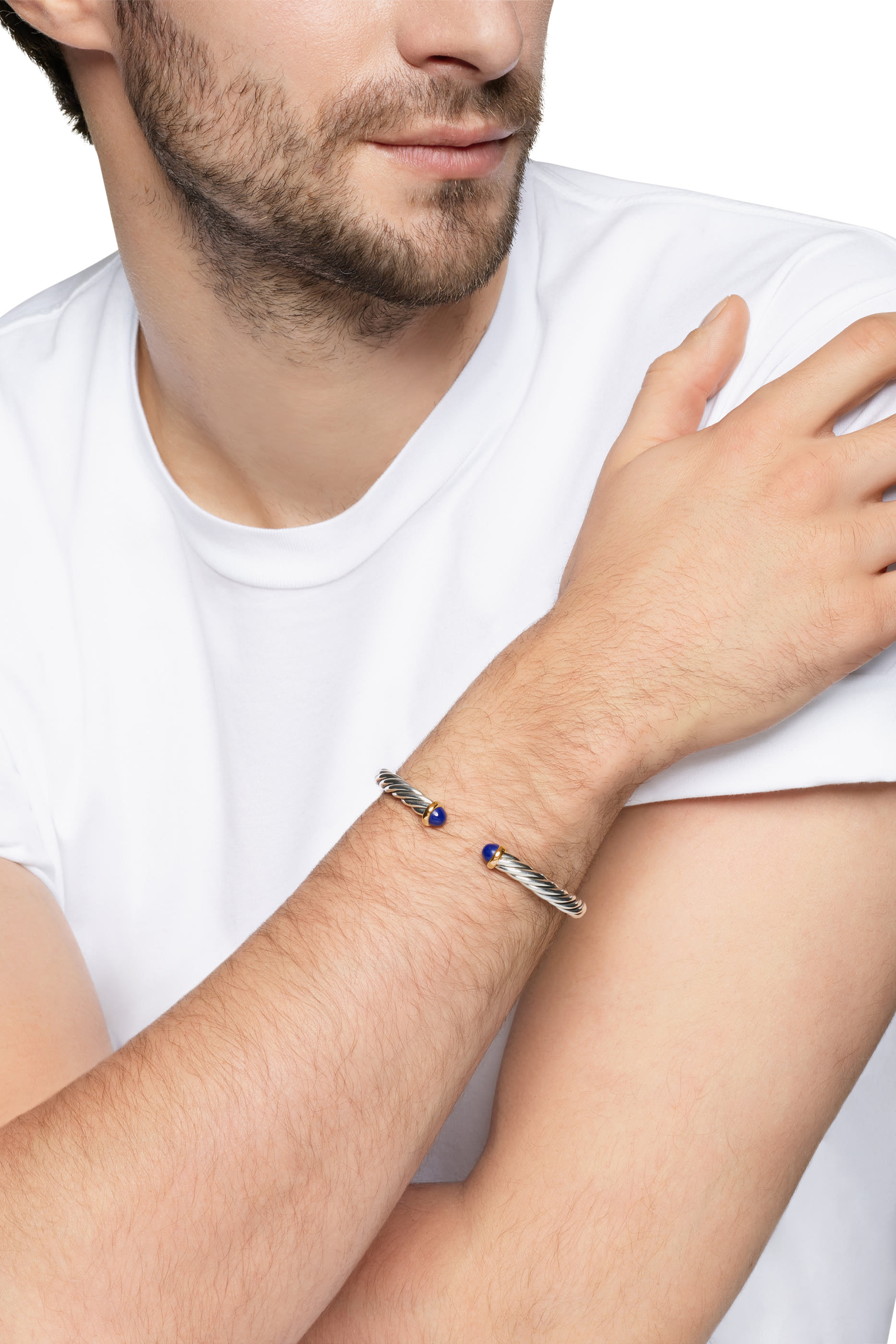 Cable Cuff Bracelet, Sterling Silver with 14K Yellow Gold & Lapis