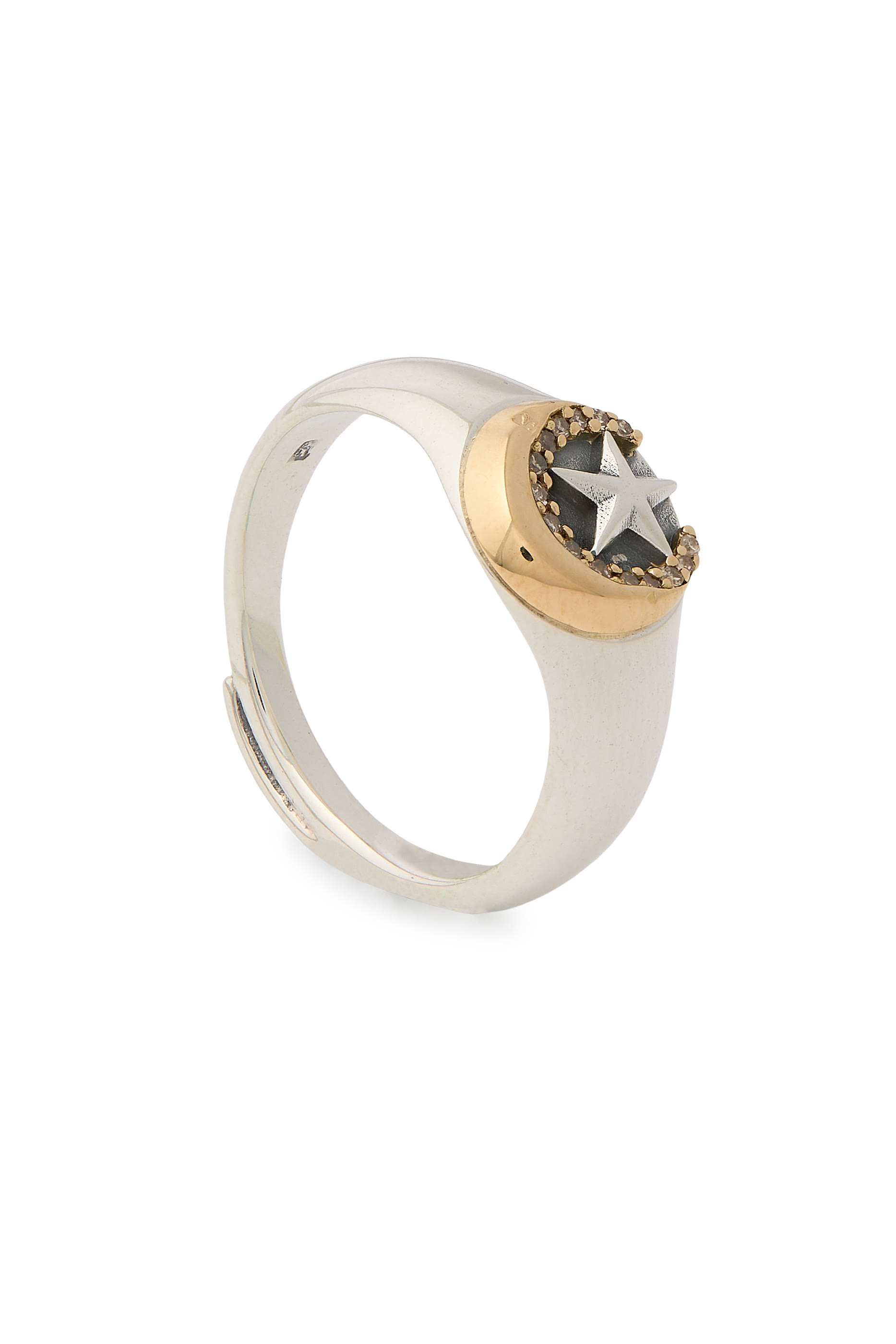 Star & Crescent Chevalier Ring, 18K Gold and Sterling Silver & Champagne Diamonds