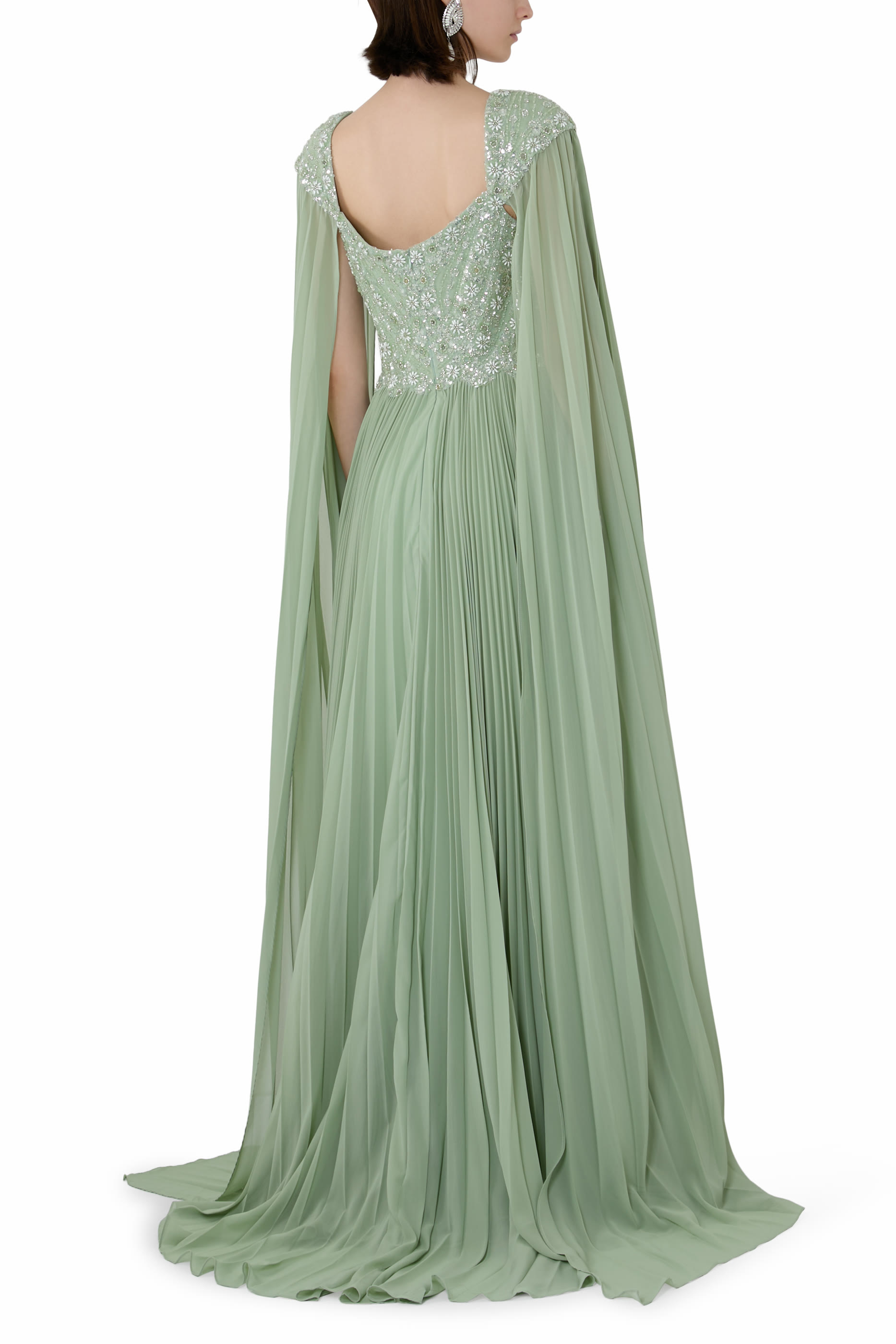 Embellished Chiffon Cape Sleeves A-Line Gown