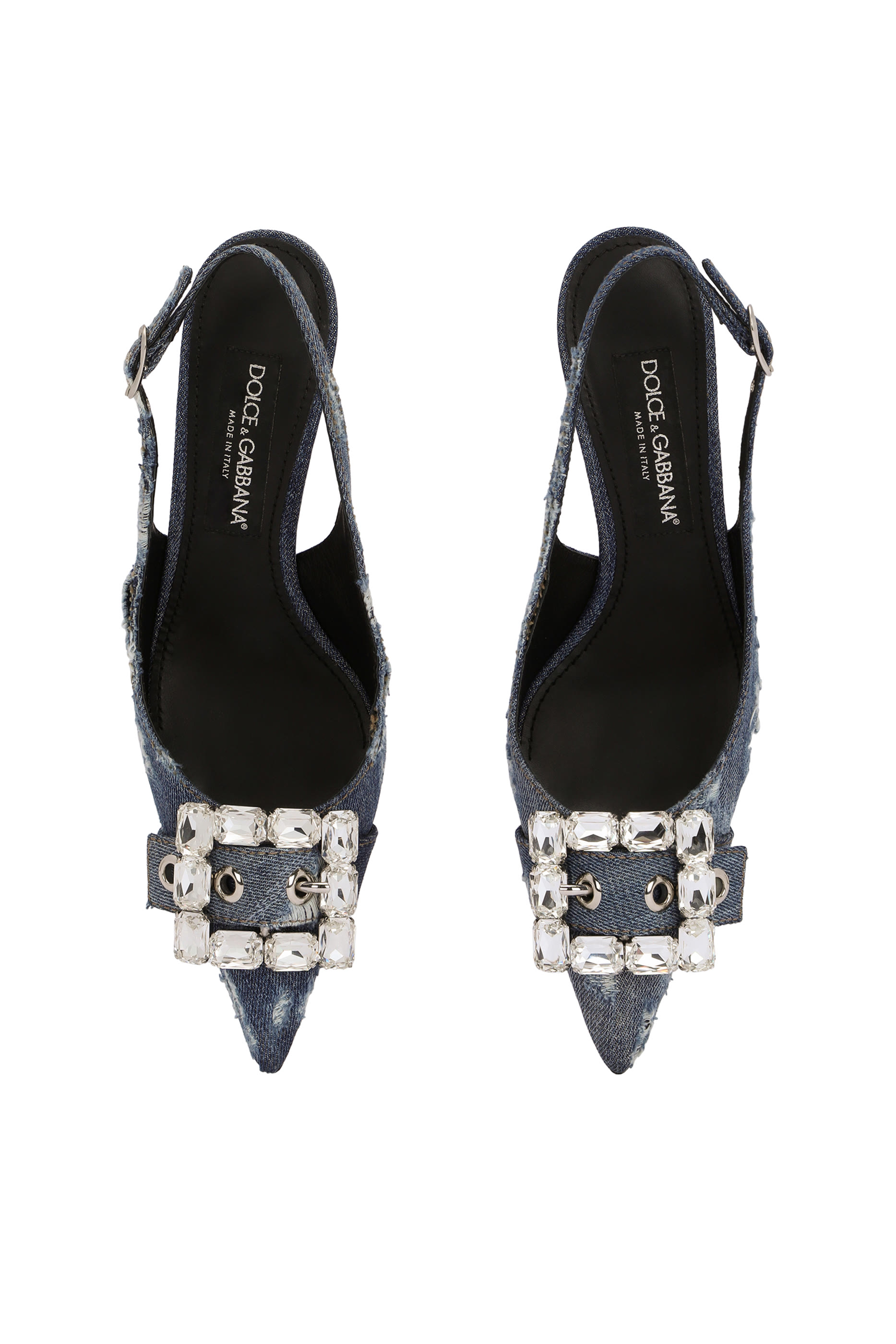 Patchwork Denim 60 Slingbacks with Rhinestone Buckle 
