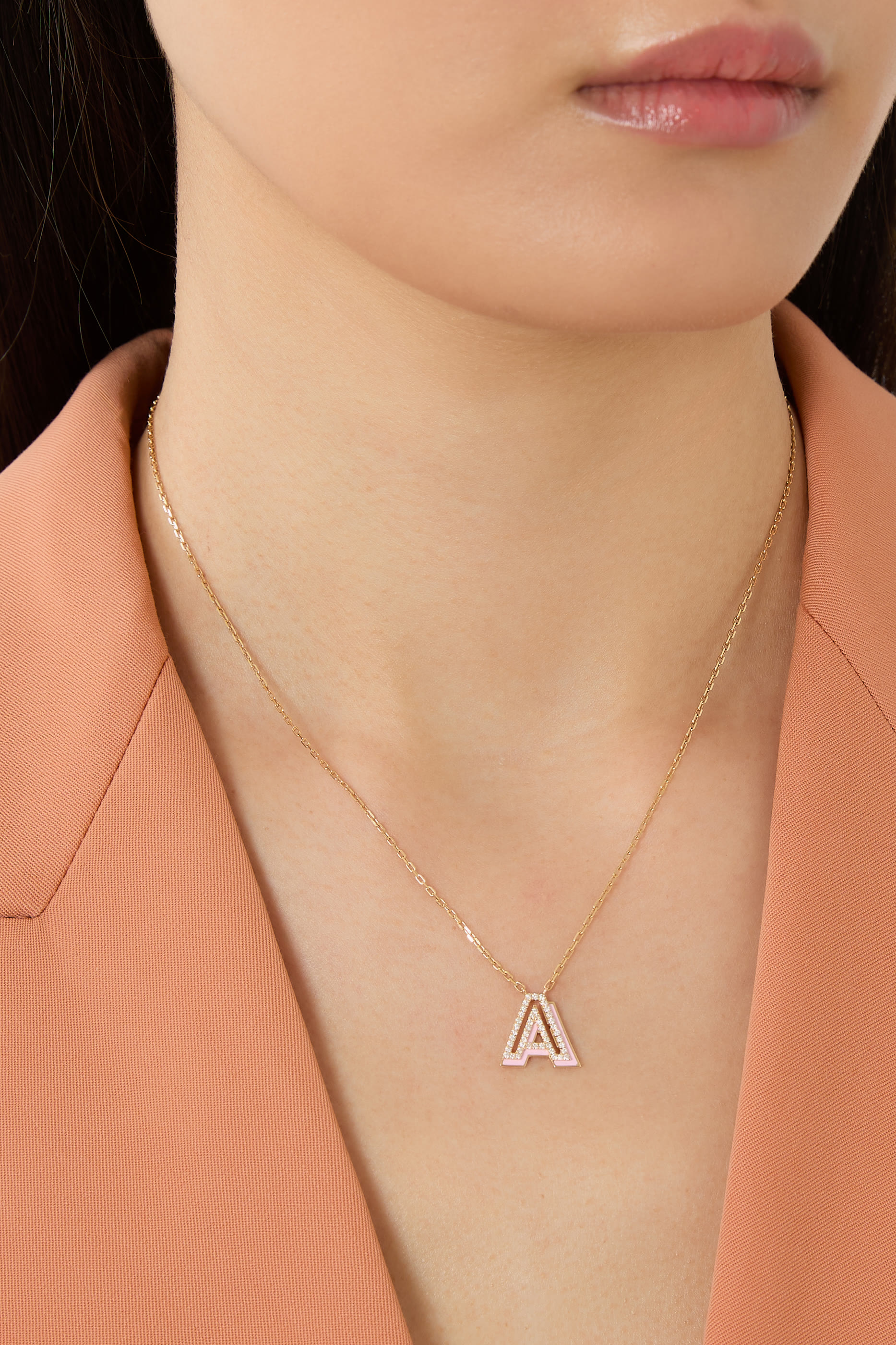 Letter ‘A’ Mini Necklace, 18k Yellow Gold & Enamel, Diamonds