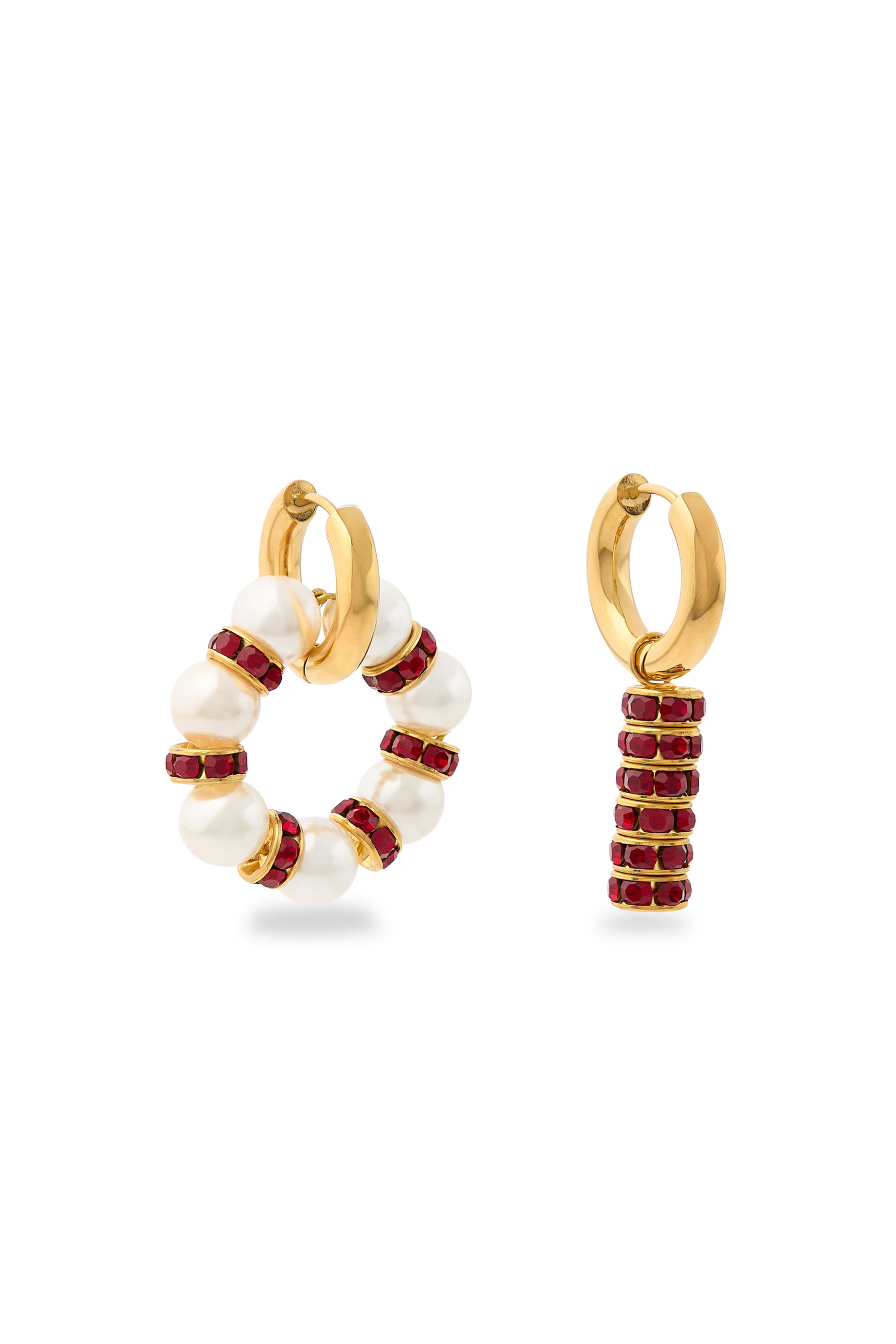 Mismatched Earrings, 24K Gold-Plated Brass with Pearls & Strass