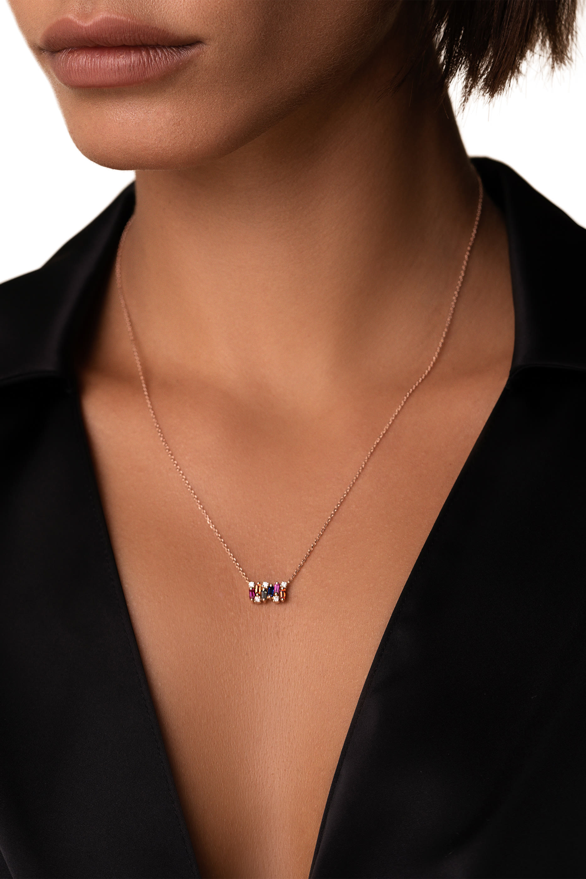  Shimmer Rainbow Sapphire Mini Bar Pendant, 18K Rose Gold & Diamonds