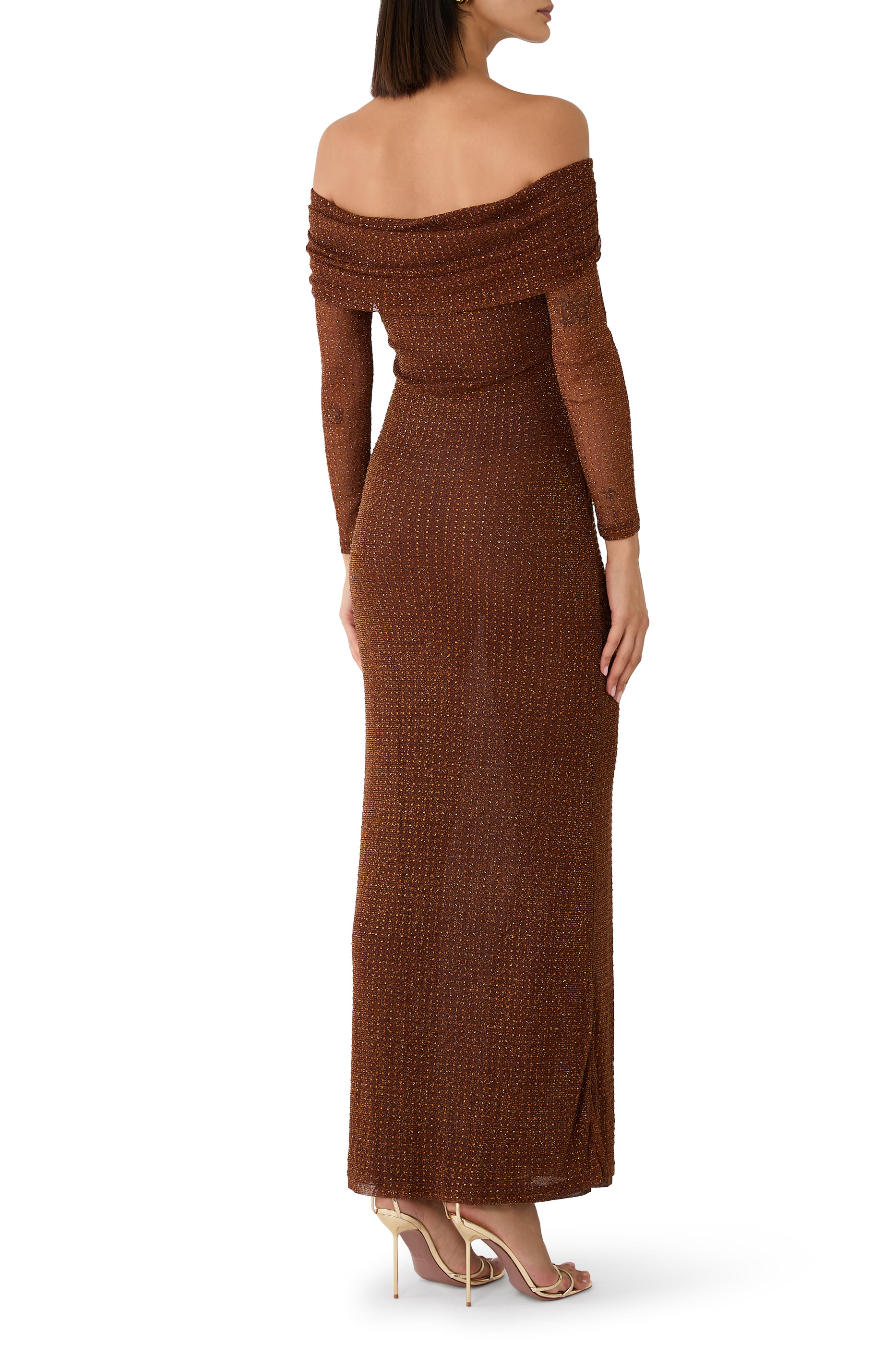 Rhinestone Mesh Off-Shoulder Maxi Dress