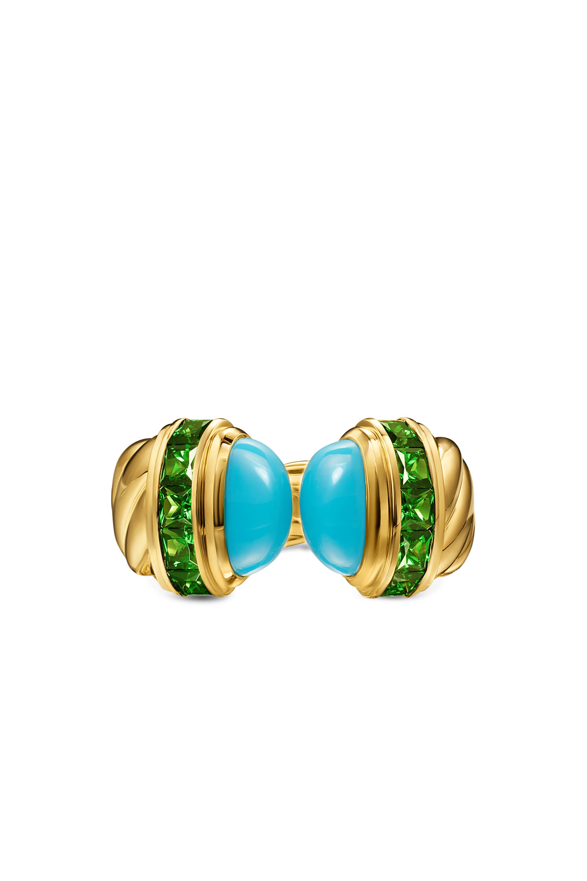  Sculpted Cable Open Cocktail Ring, 18K Yellow Gold with Turquoise & Tsavorites