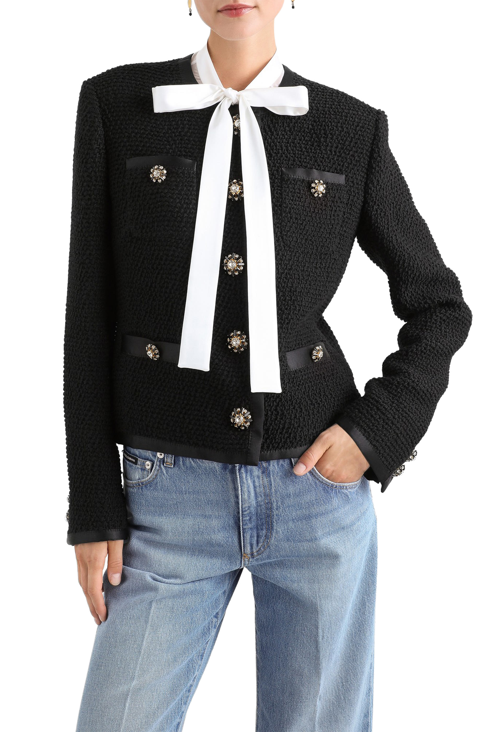  Cropped Single-Breasted Boucle Tweed Jacket