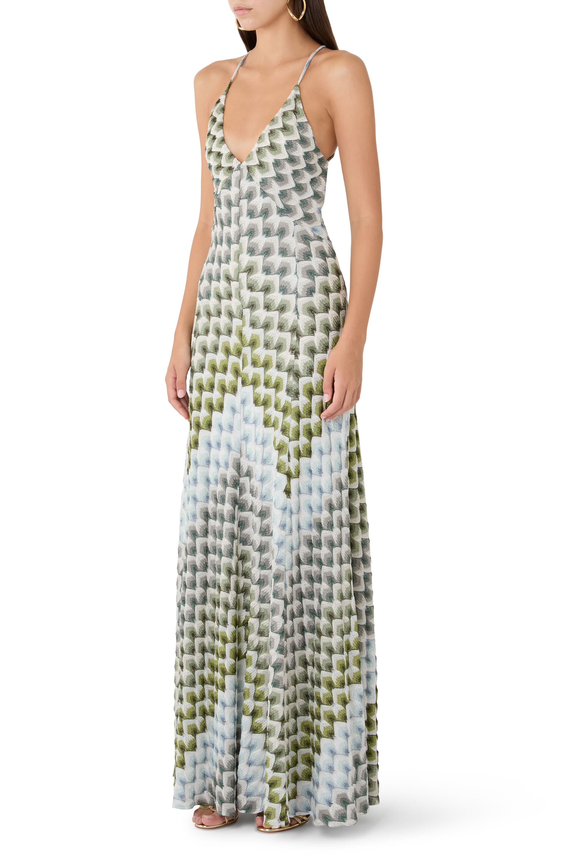 Geometric-Print Halterneck Maxi Dress