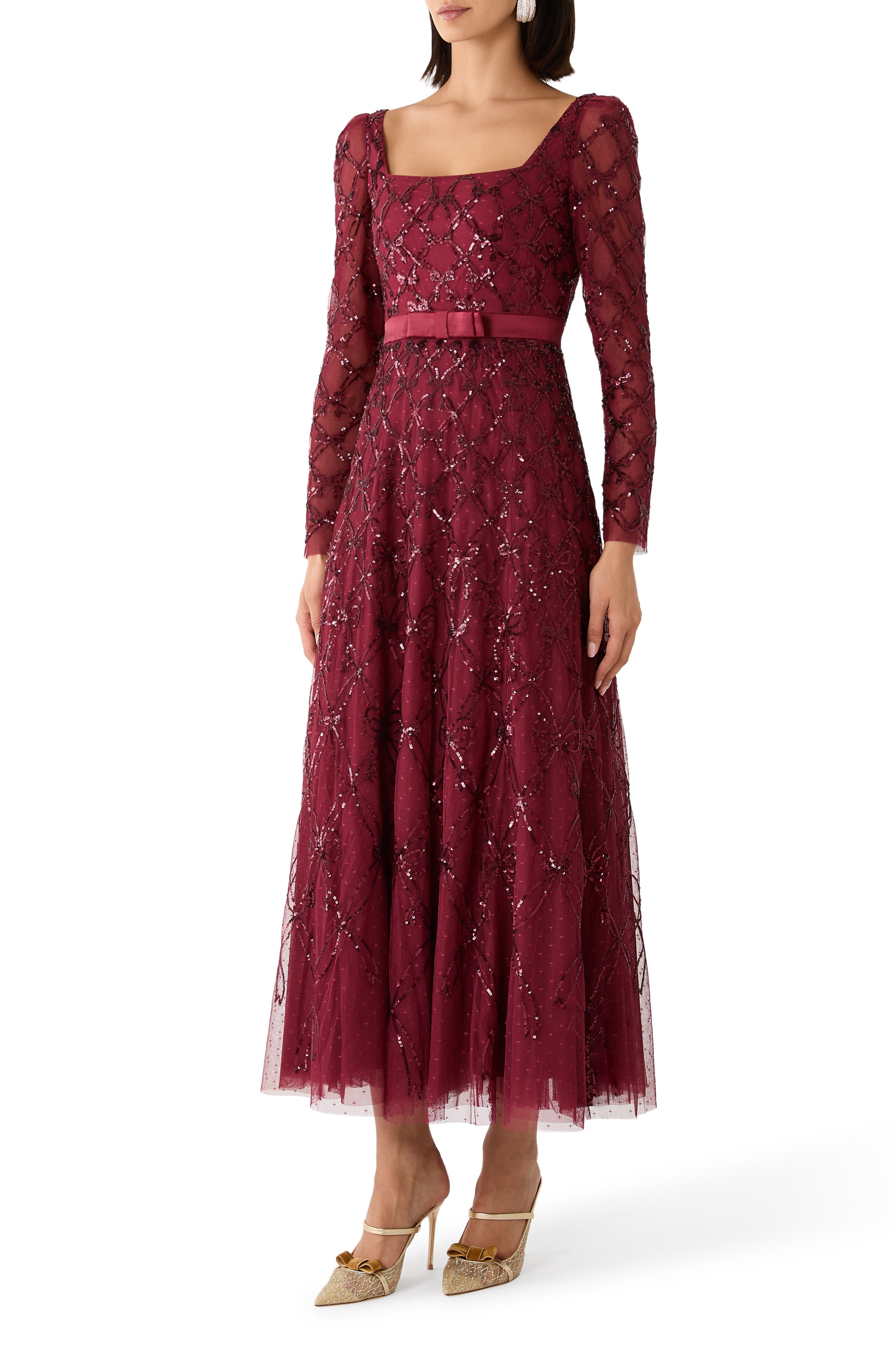Bow Lattice Long Sleeves Ankle Gown