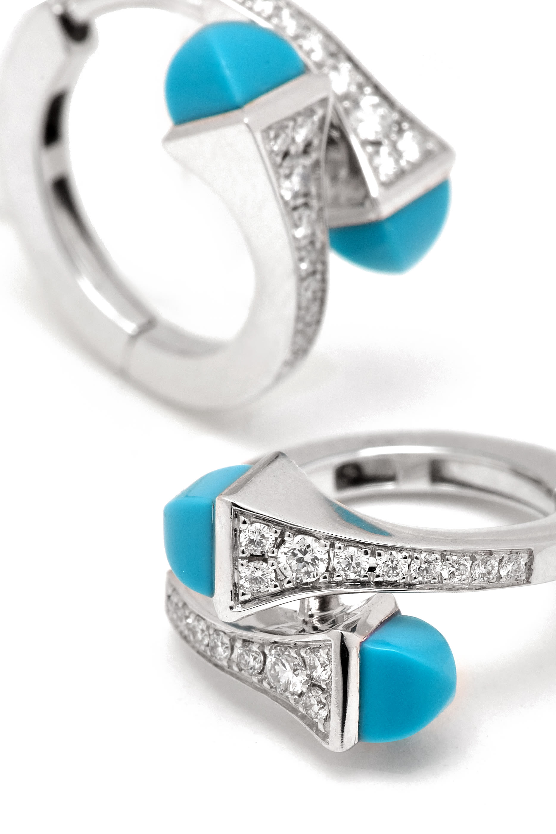 Cleo  Huggie Earrings, 18k White Gold Turquoise & Diamonds