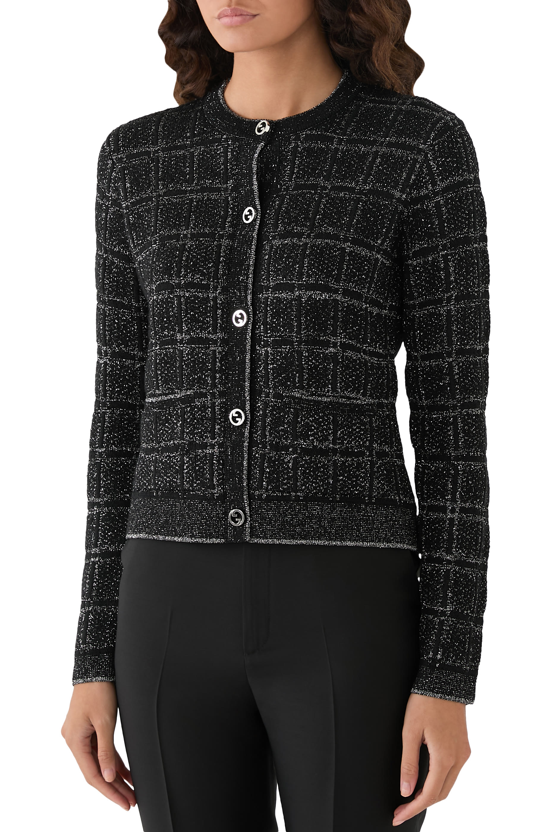 Wool and Lamé Check Jacquard Cardigan
