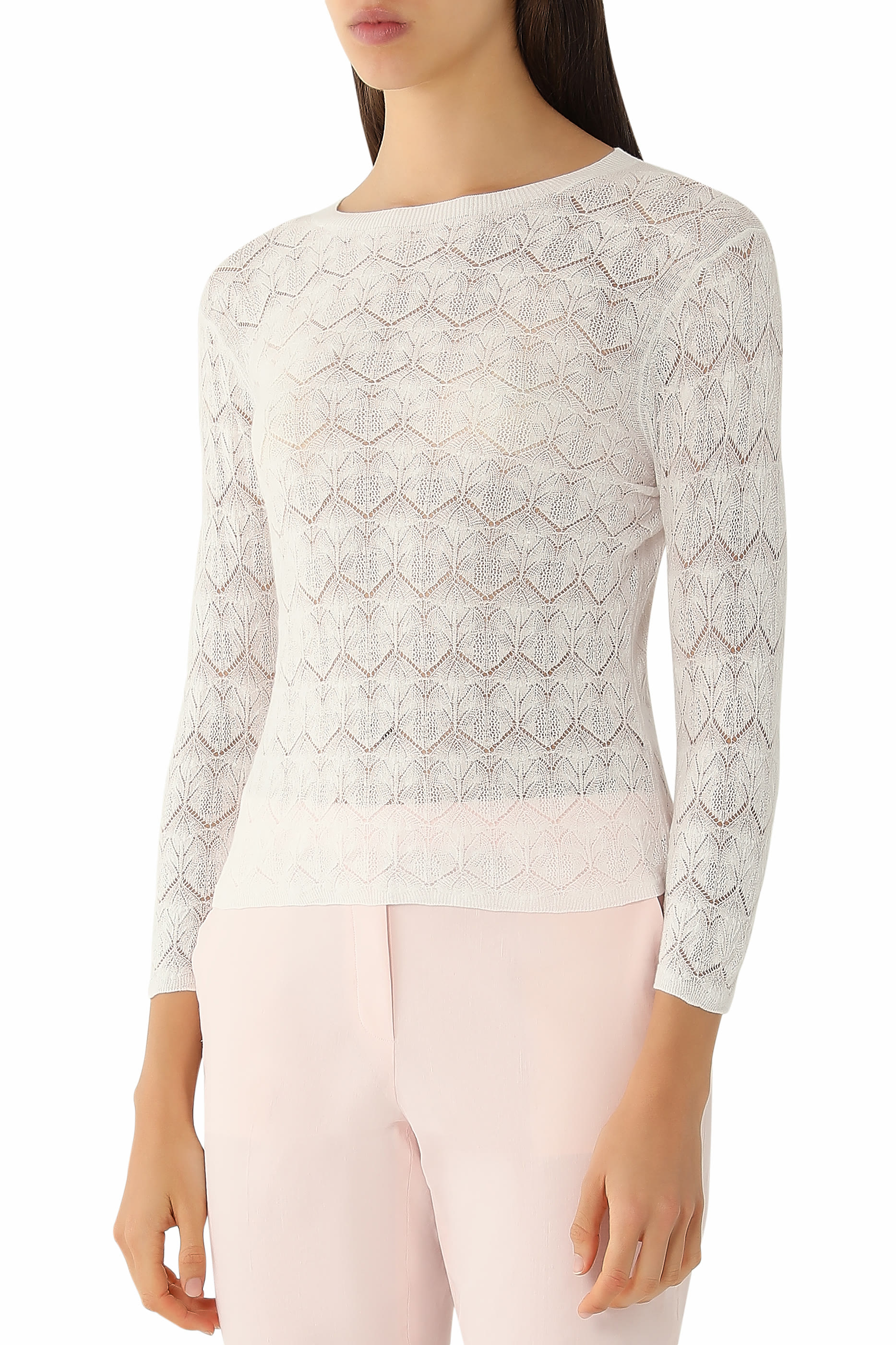 Fine Lace Cotton Three-Quarter-Sleeve Crew Neck Sweater 