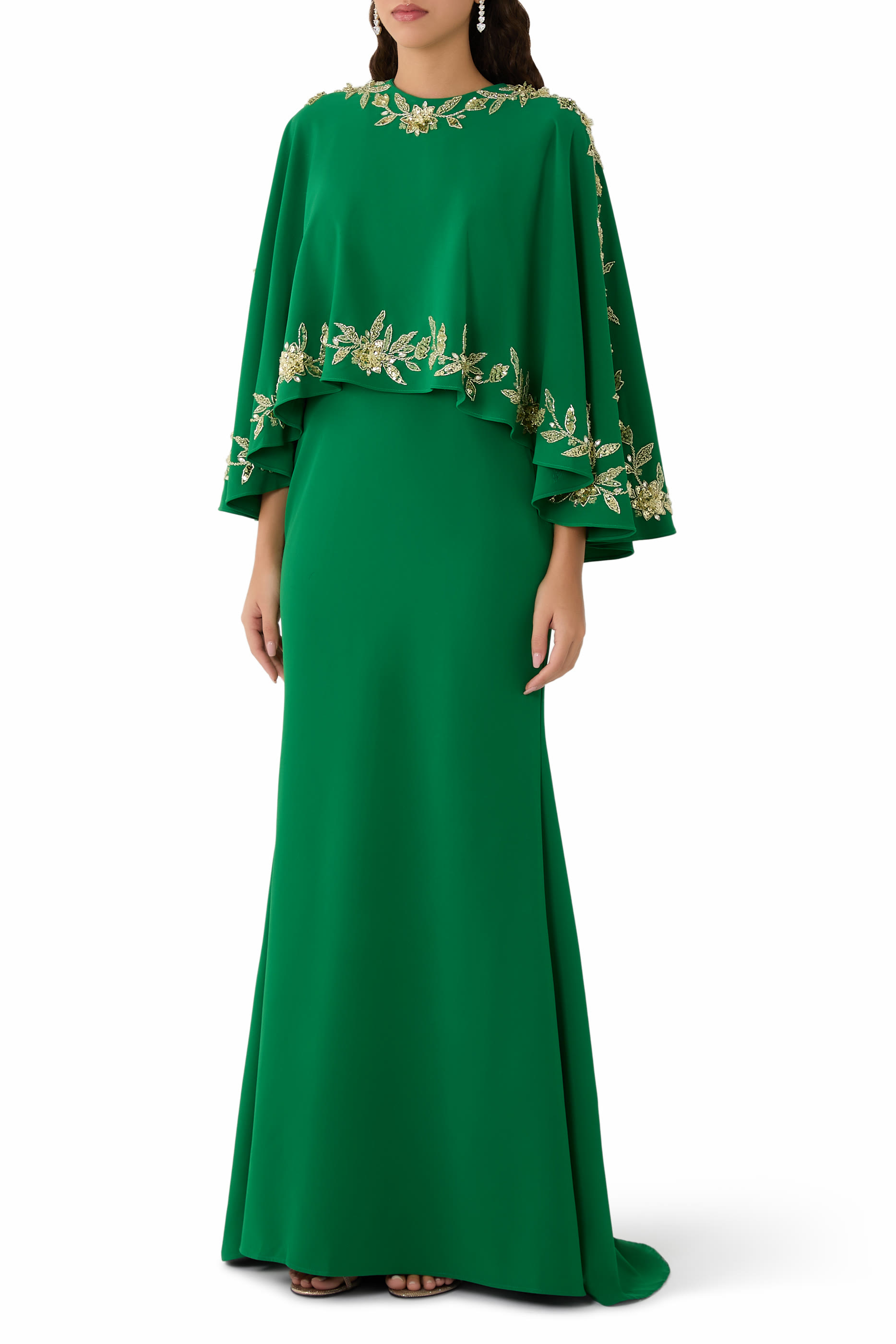 Embellished Sleeve Gown in Crepe