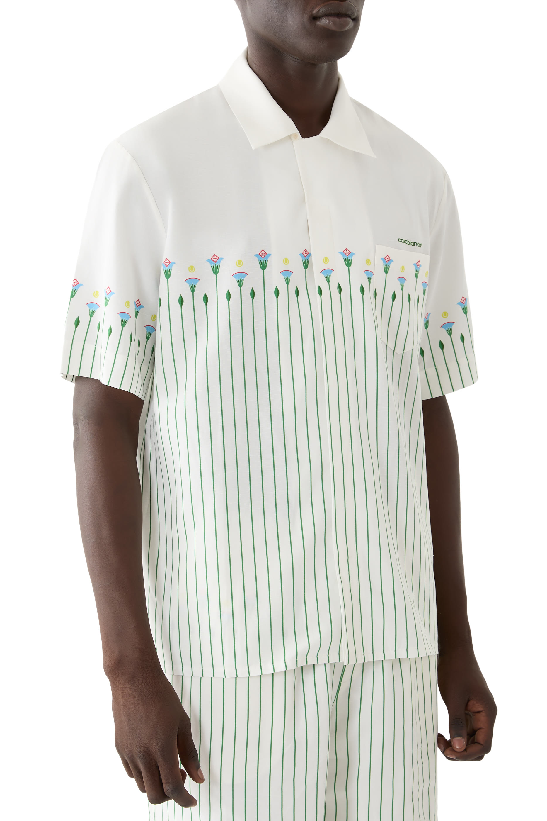  Linen Floral Stripe Sporty Short Sleeve Shirt 