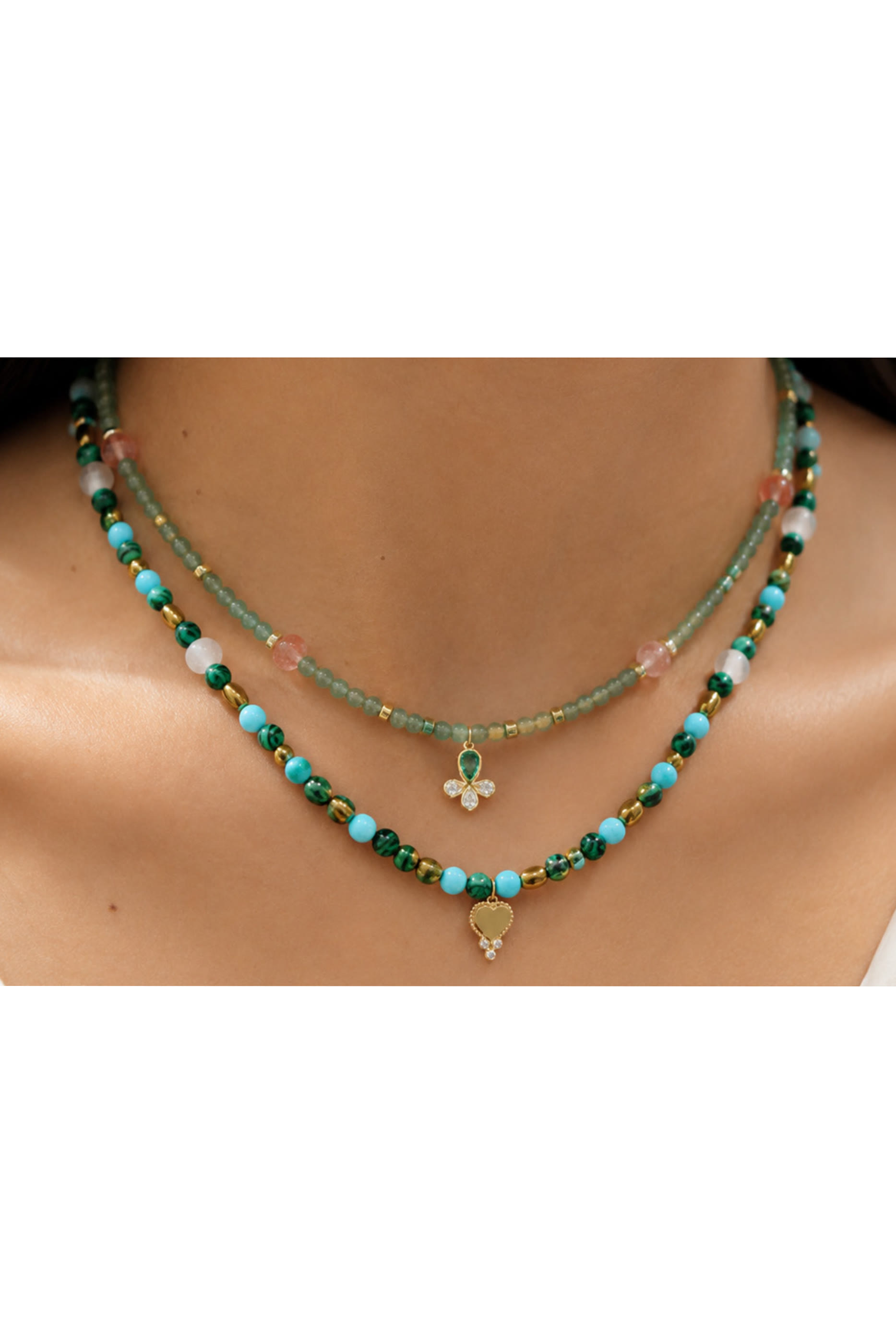 Beaded Trinkel Golden Heart Necklace, 18K Yellow Gold with Emerald & Diamonds