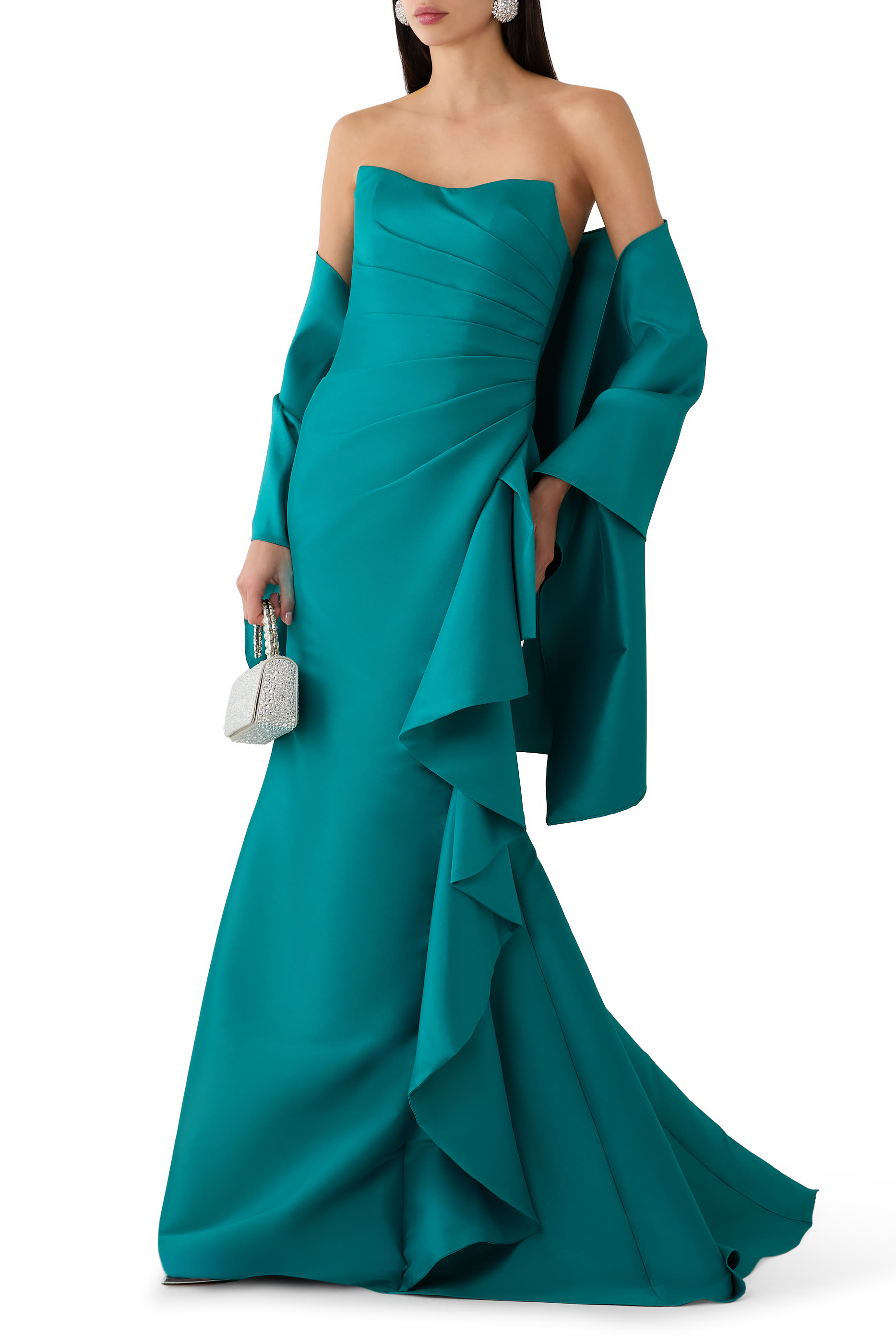 فستان سهرة بلا حمالات بتفاصيل كشش