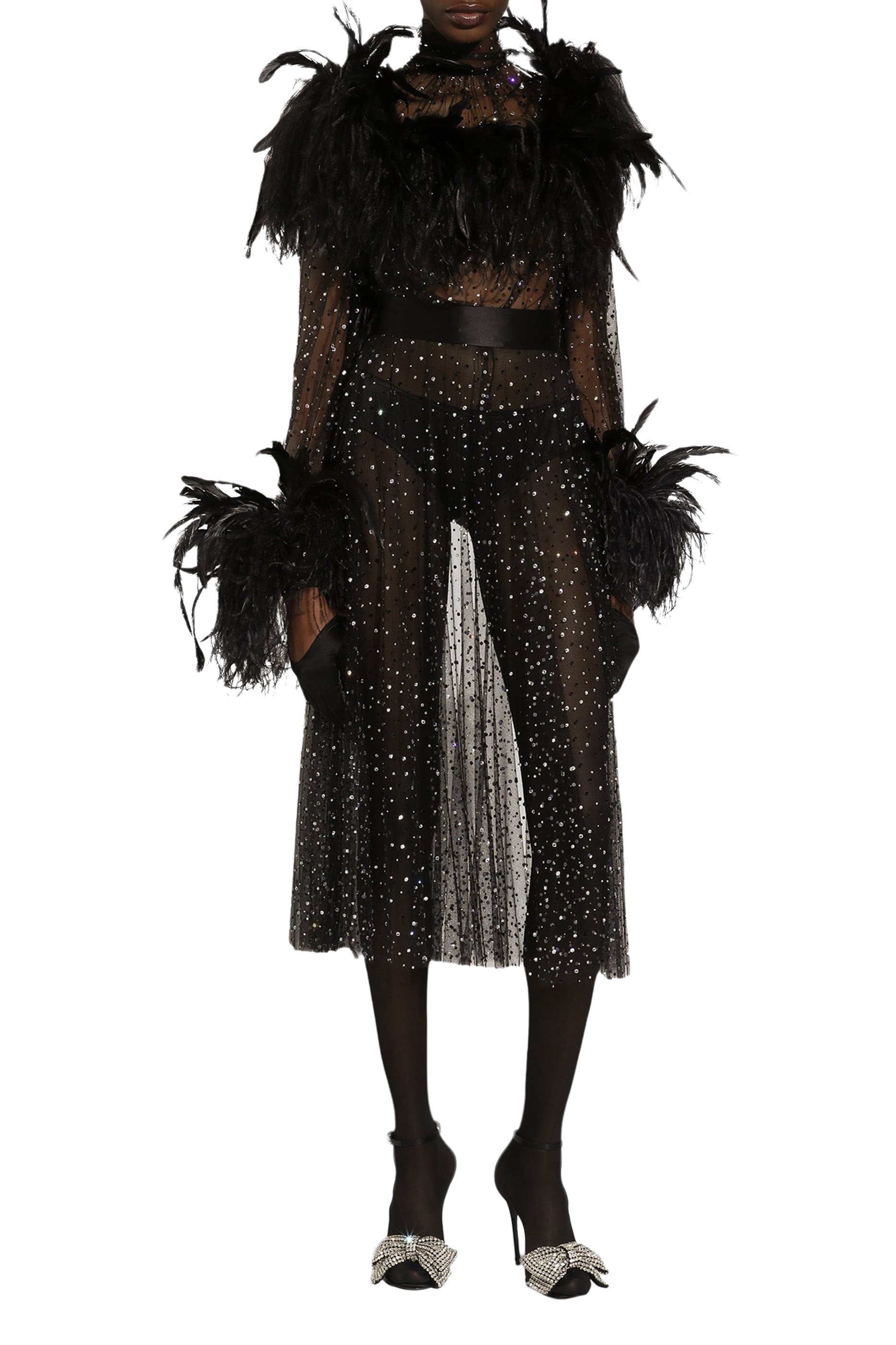 Calf-Length Stretch Tulle Dress with Fusible Rhinestones and Rooster and Ostrich Feather Embellishment