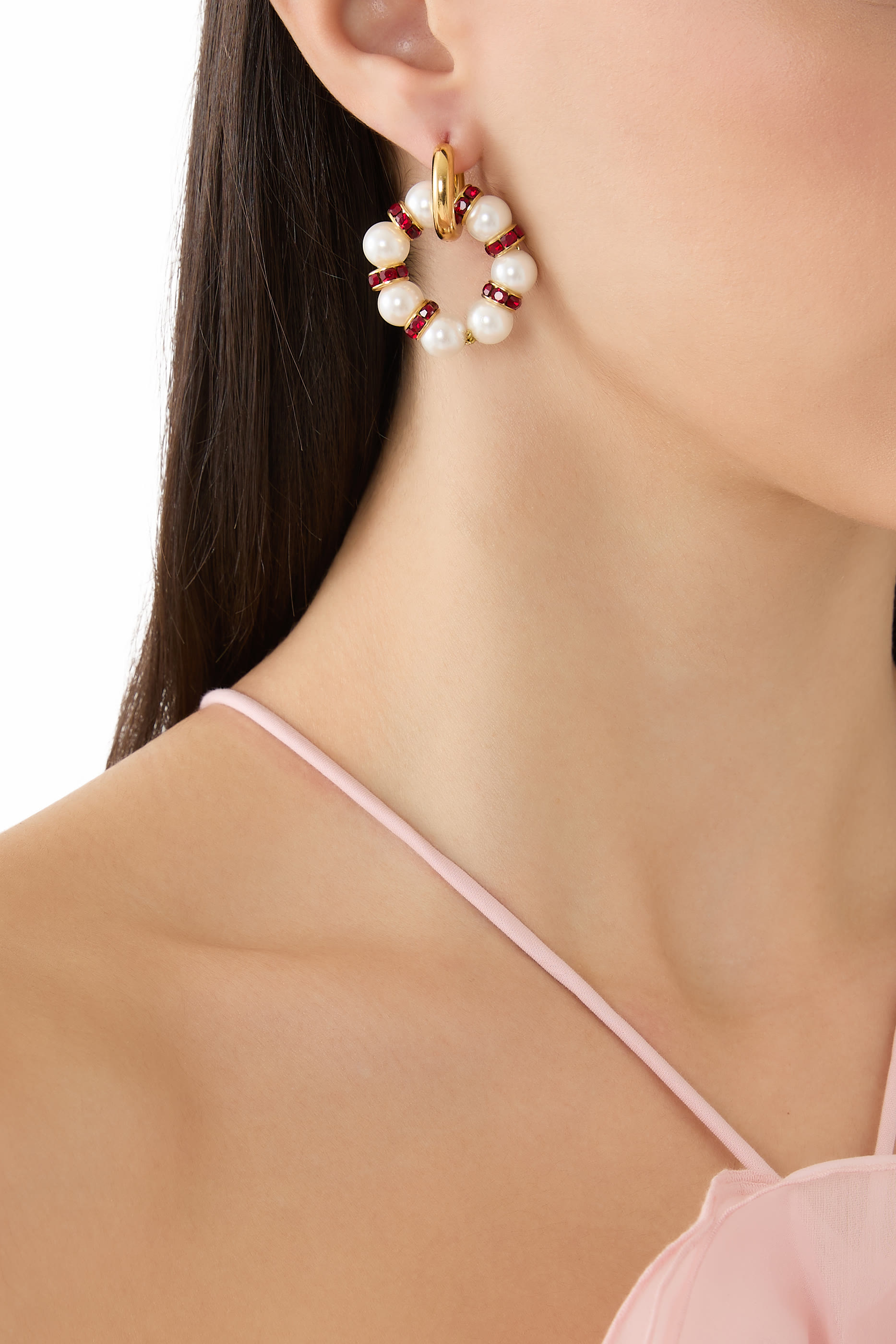 Mismatched Earrings, 24K Gold-Plated Brass with Pearls & Strass