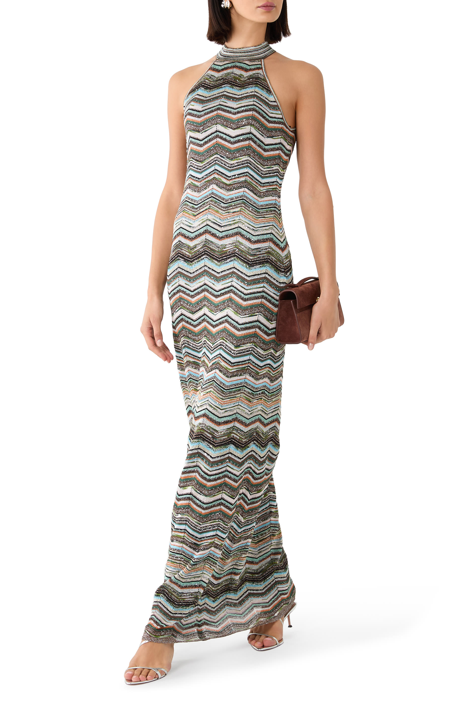 Chevron Sequinned Halter Neck Maxi Dress