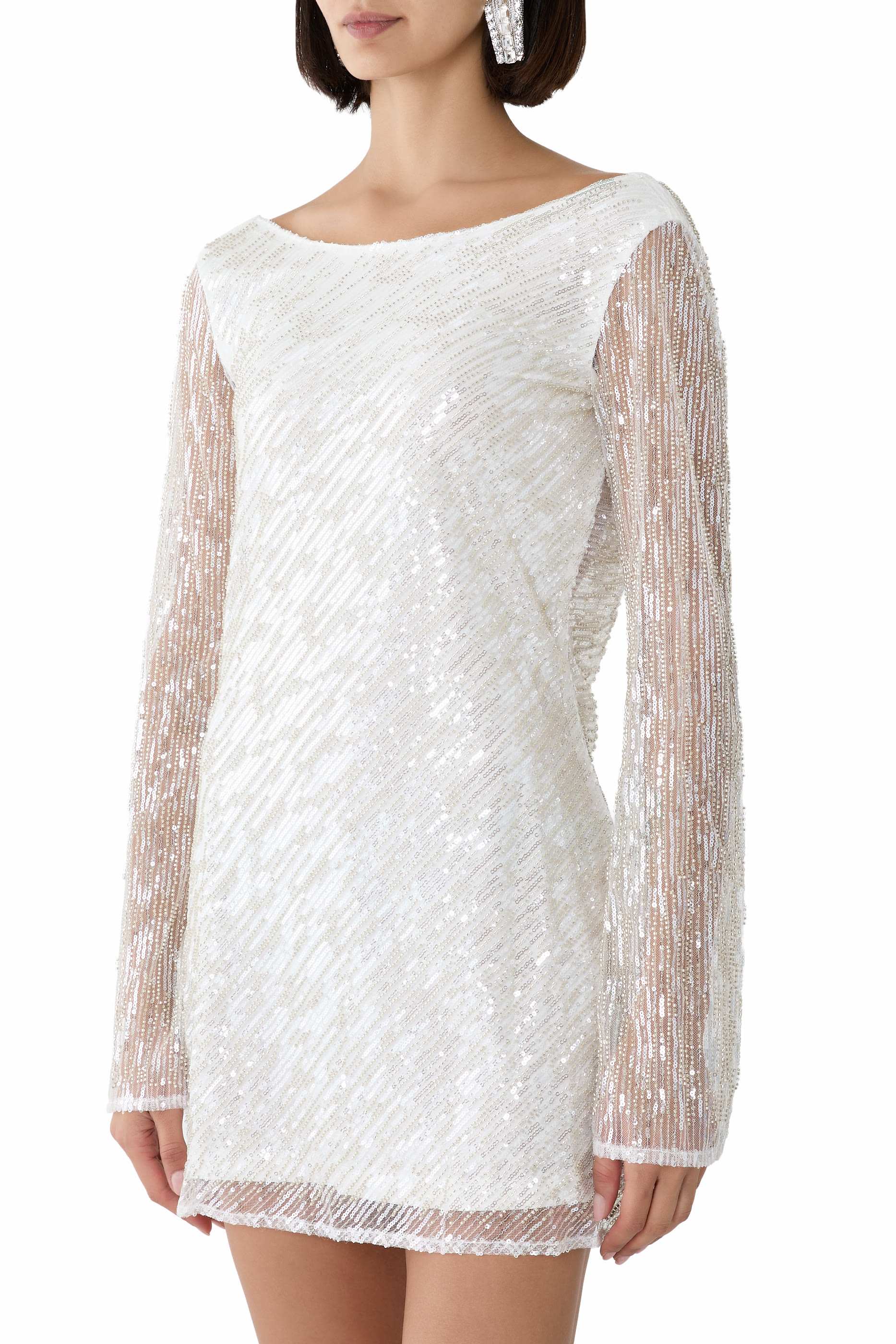 Diagonal Sequin Open-Back Long Sleeves Mini Dress