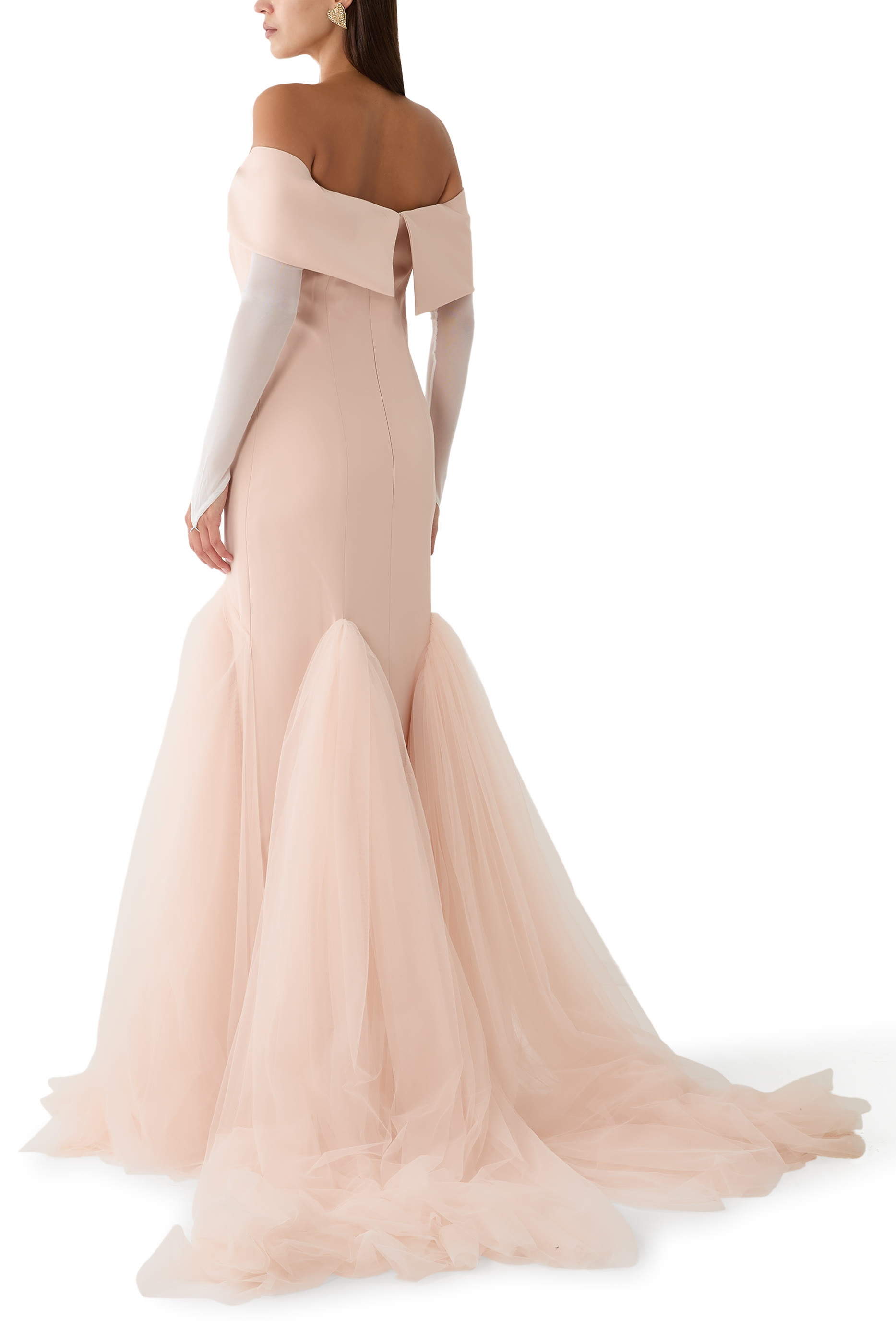 Off-Shoulder Crepe Gown with Tulle Trumpet Skirt