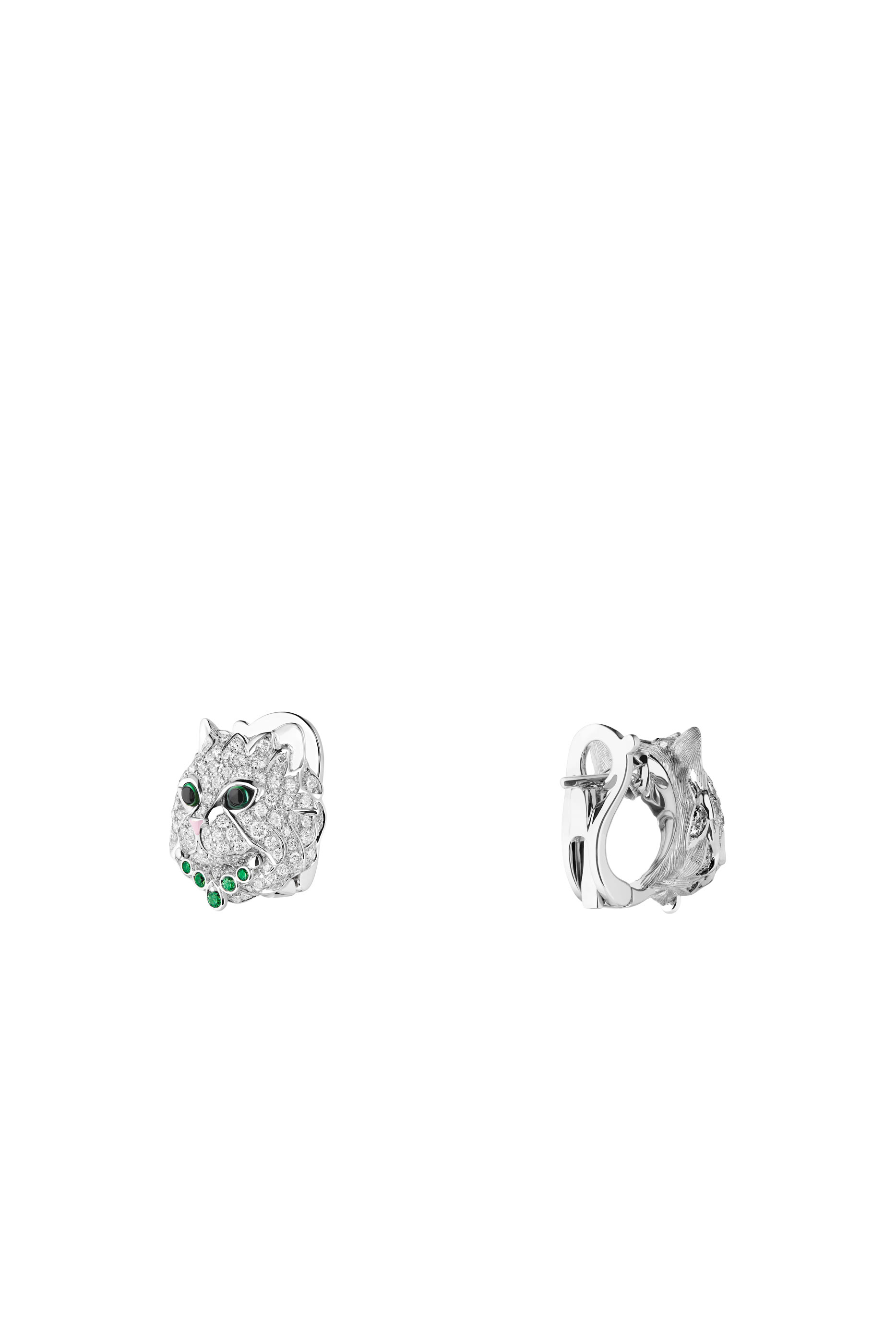 Wladimir the Cat Stud Earrings, 18K White Gold, Diamonds, Green Agates, Tsavorites & Black Sapphires