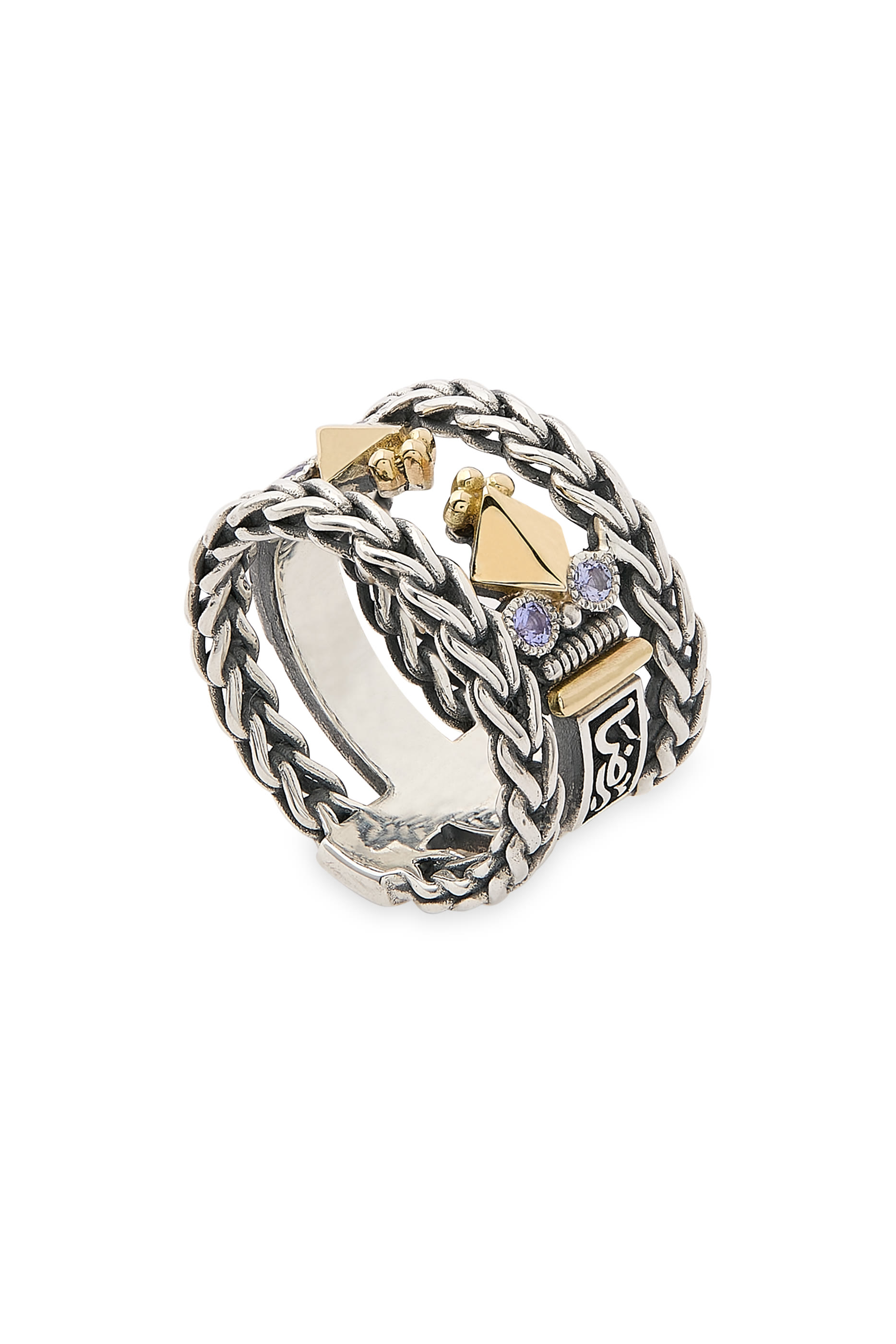 Turath Roman Chain Ring, 18K Yellow Gold with Sterling Silver & Tanzanite