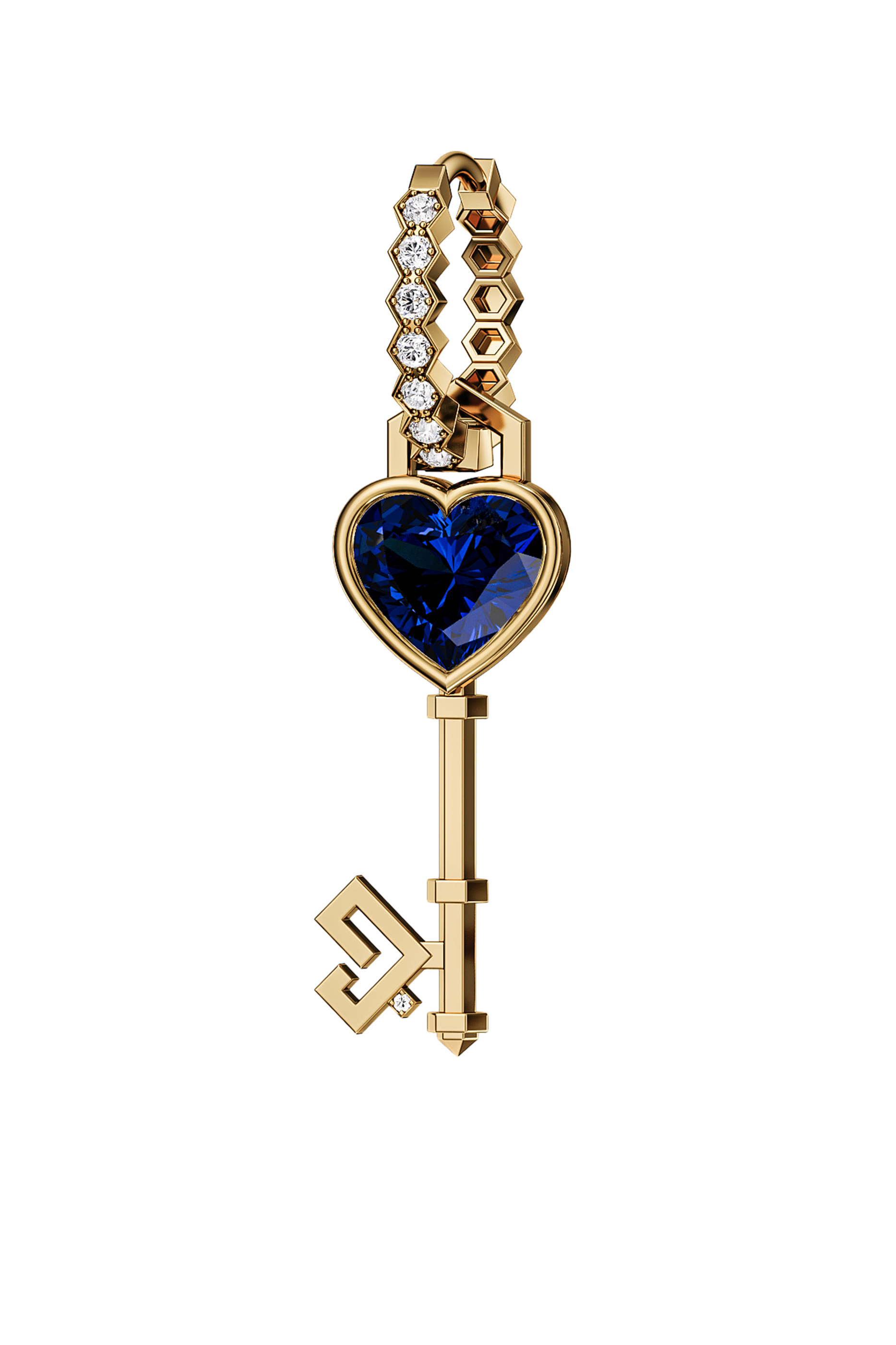 Key of Love Single Earring, 18K Yellow Gold with Diamonds & Kyanite