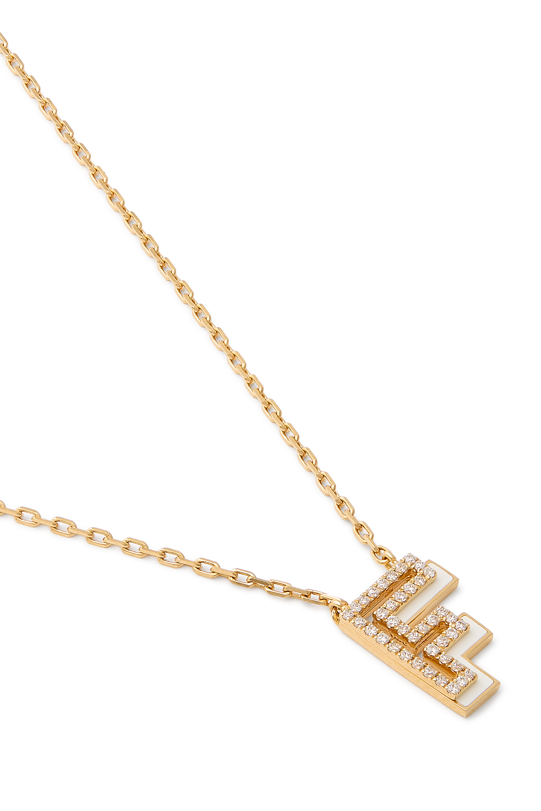 Letter F Silhouette Necklace, 18k Yellow Gold with Diamonds & Enamel