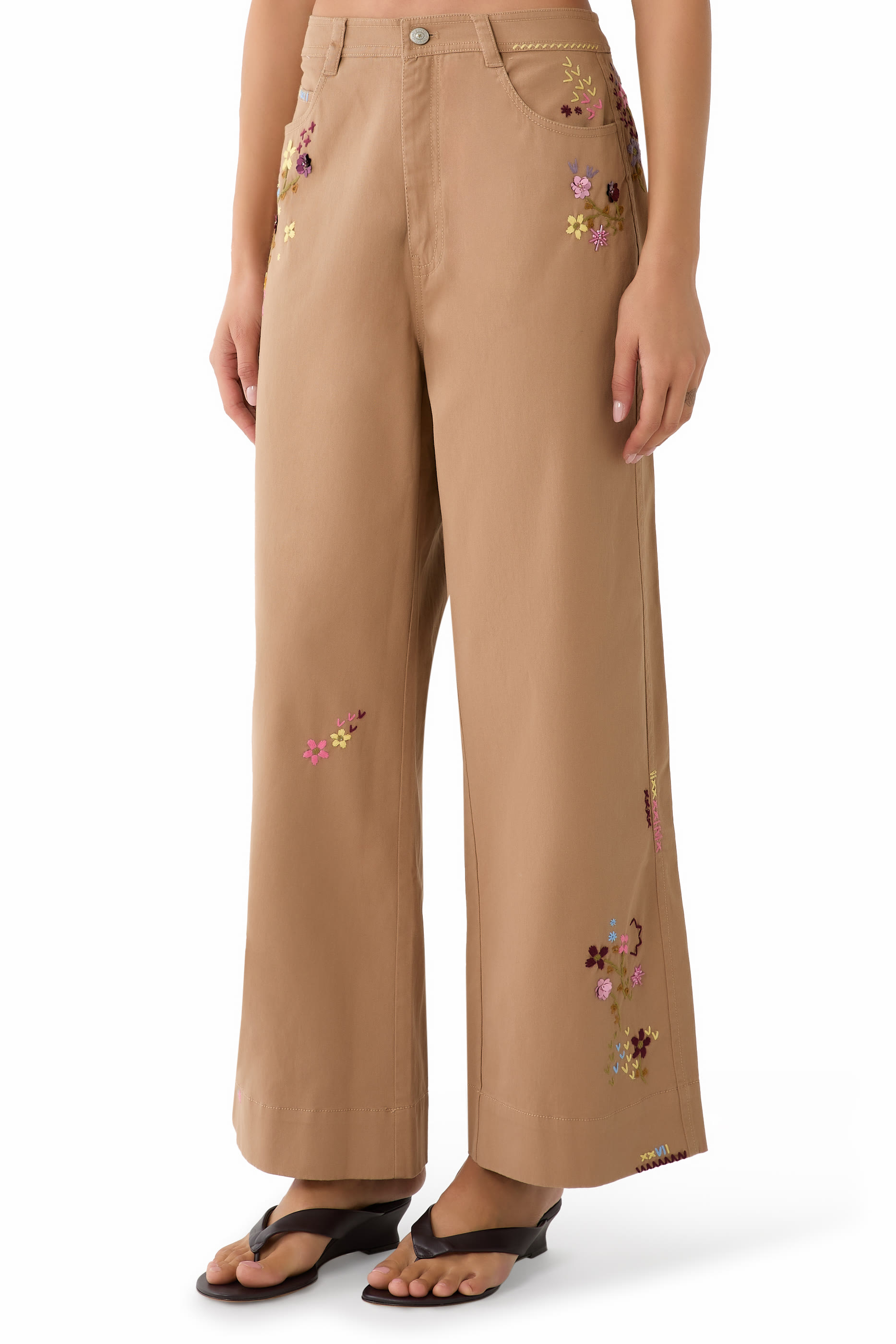Betsy Wildflower-Embroidered Wide-Leg Crop Pants