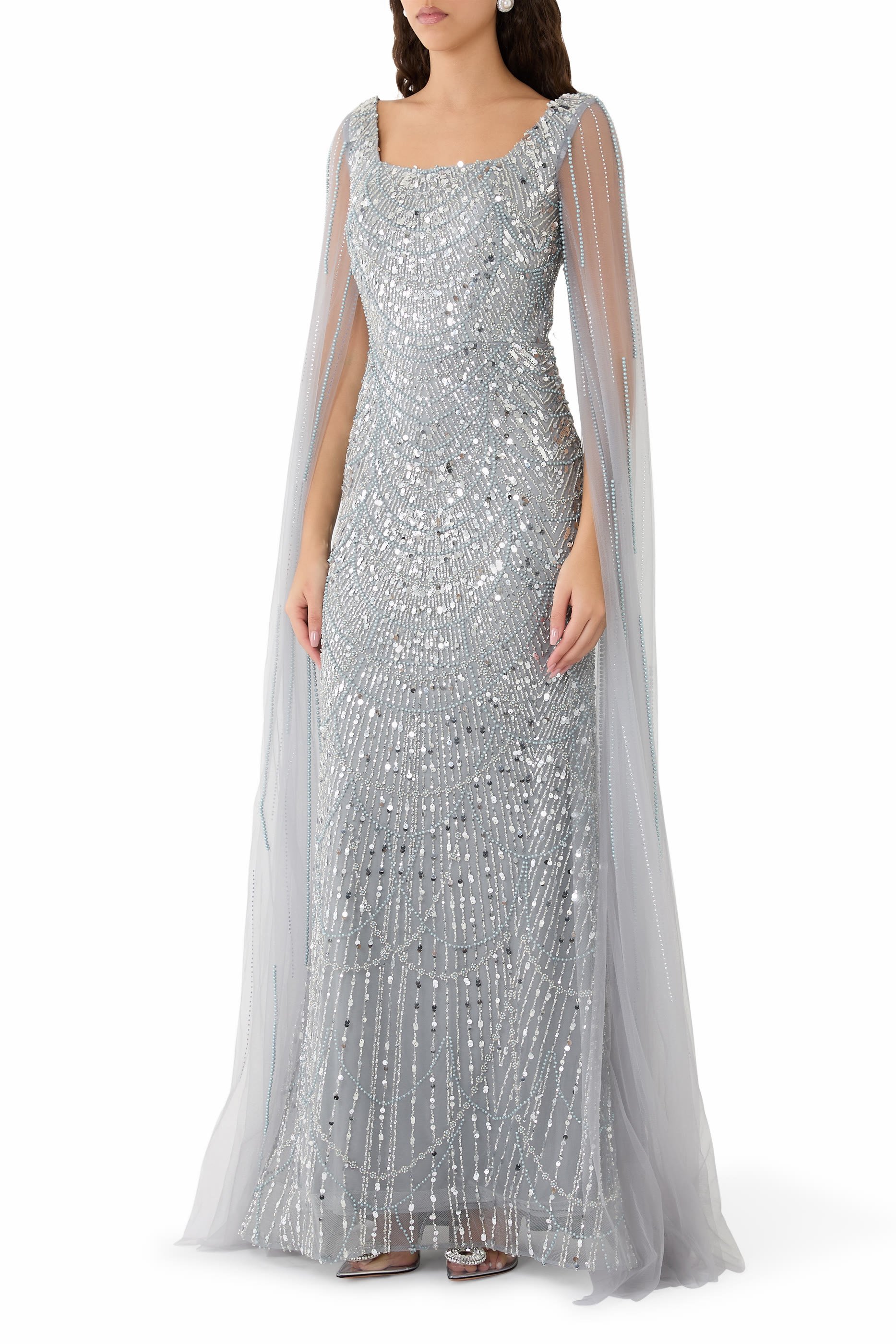 Sequin Caplet Sleeve Gown