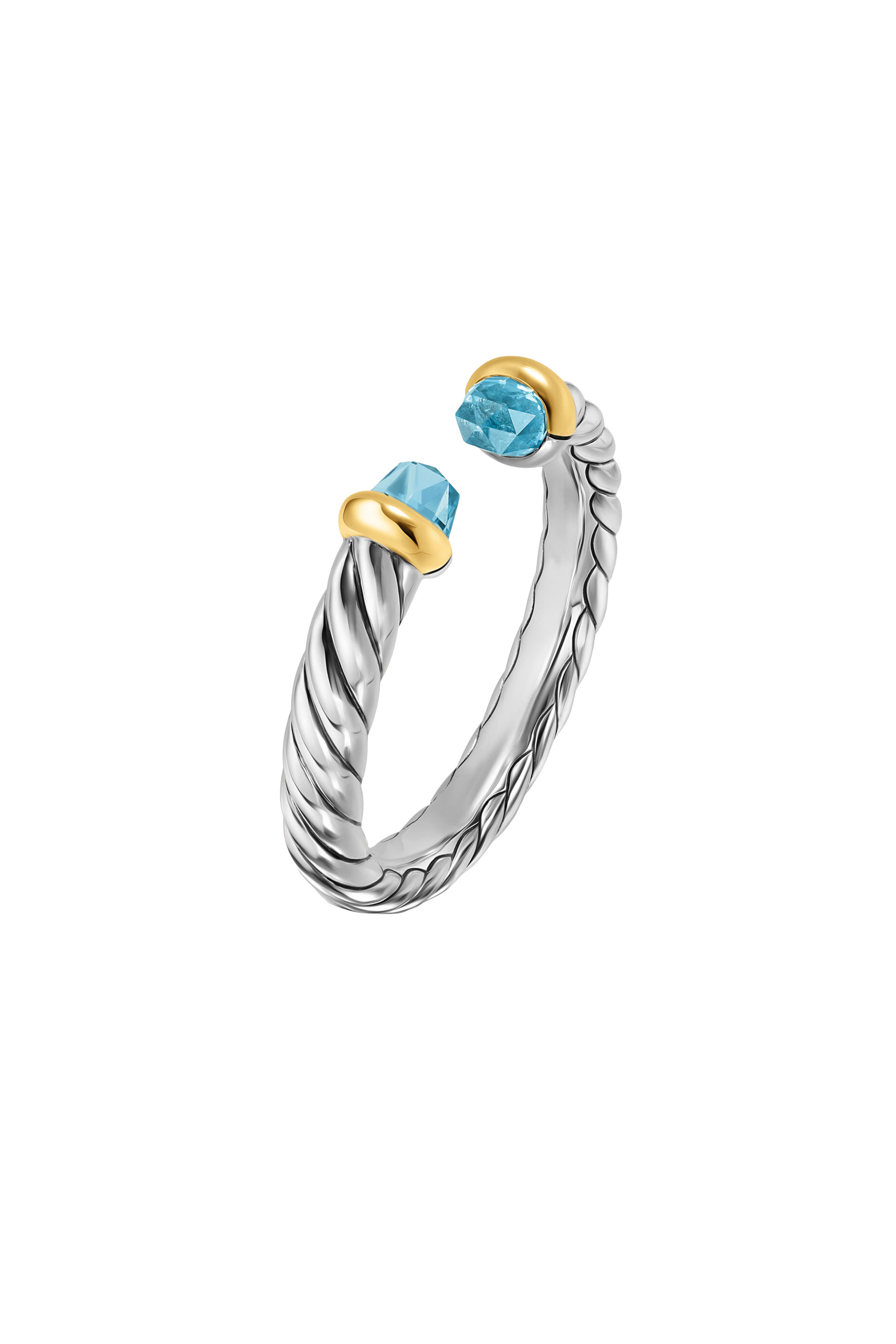 Petite Cable Open Ring, Sterling Silver with 14K Yellow Gold & Blue Topaz