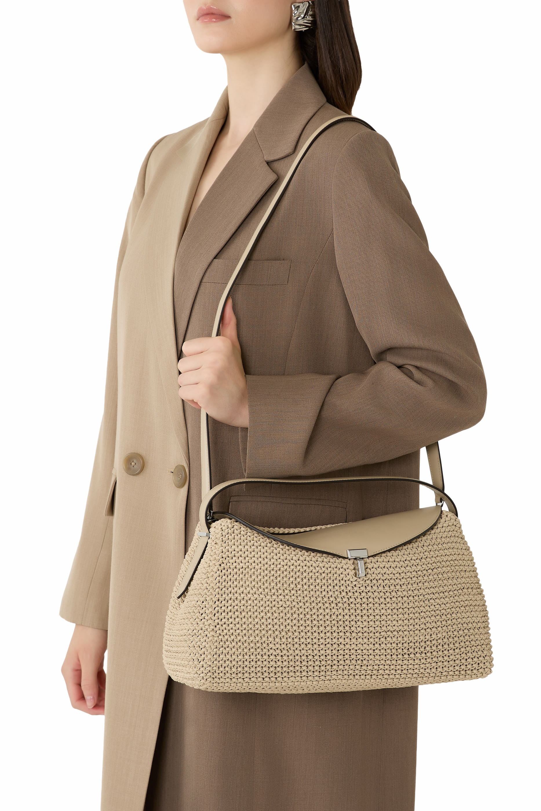 T-Lock Woven-Leather Top Handle Bag