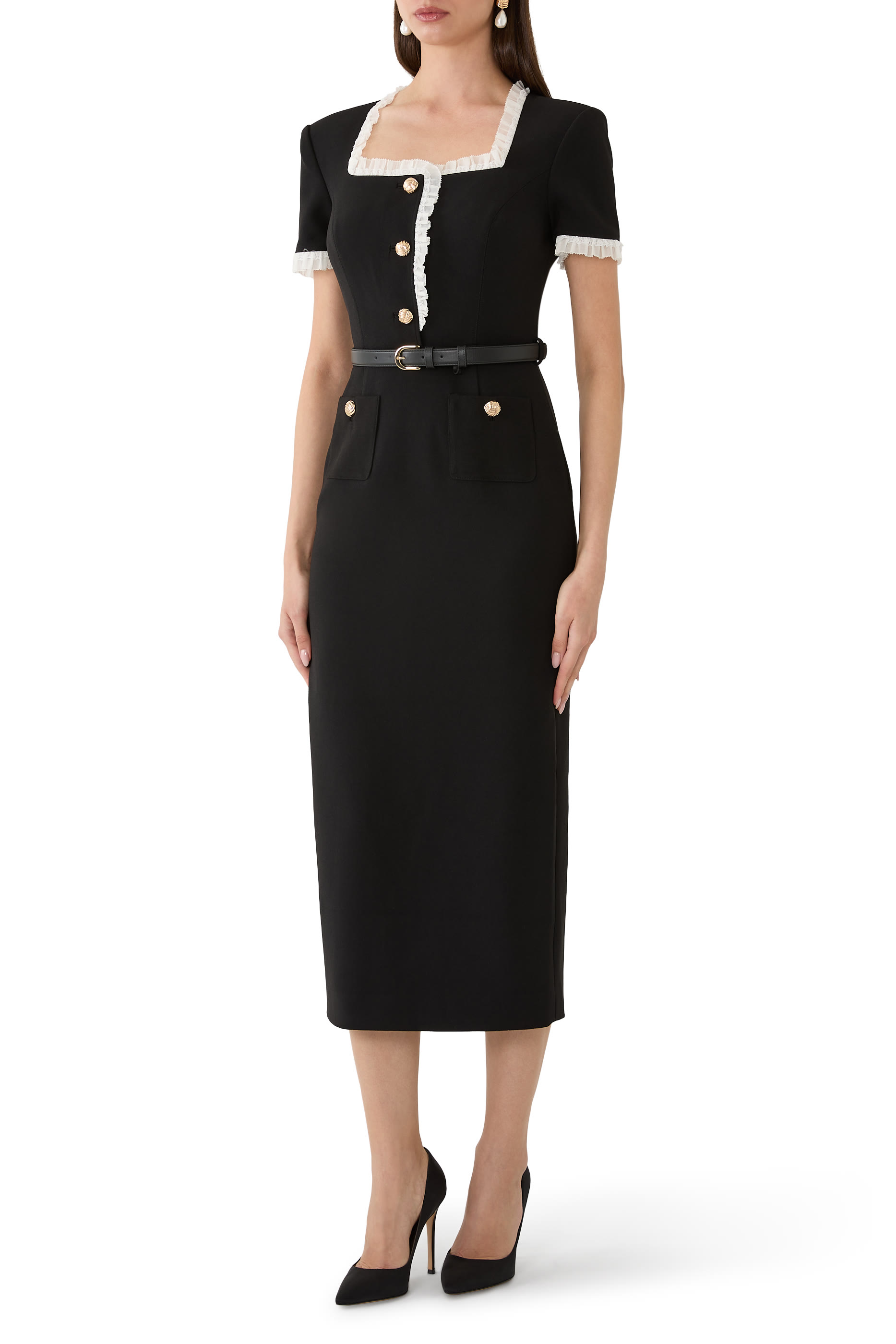 Crepe Contrast Frill Midi Dress