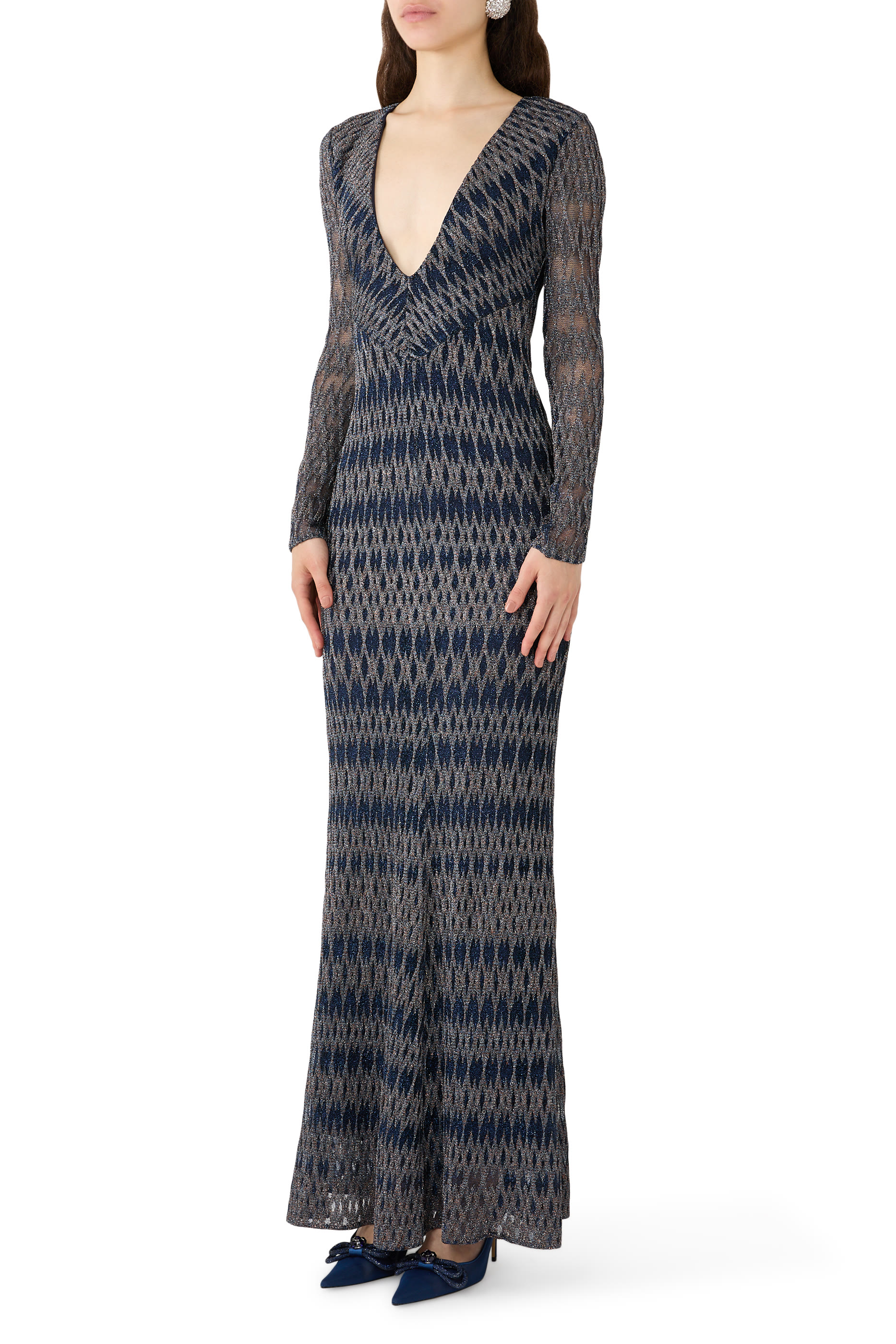 Diamond Raschel V-Neck Long Sleeve Maxi Dress