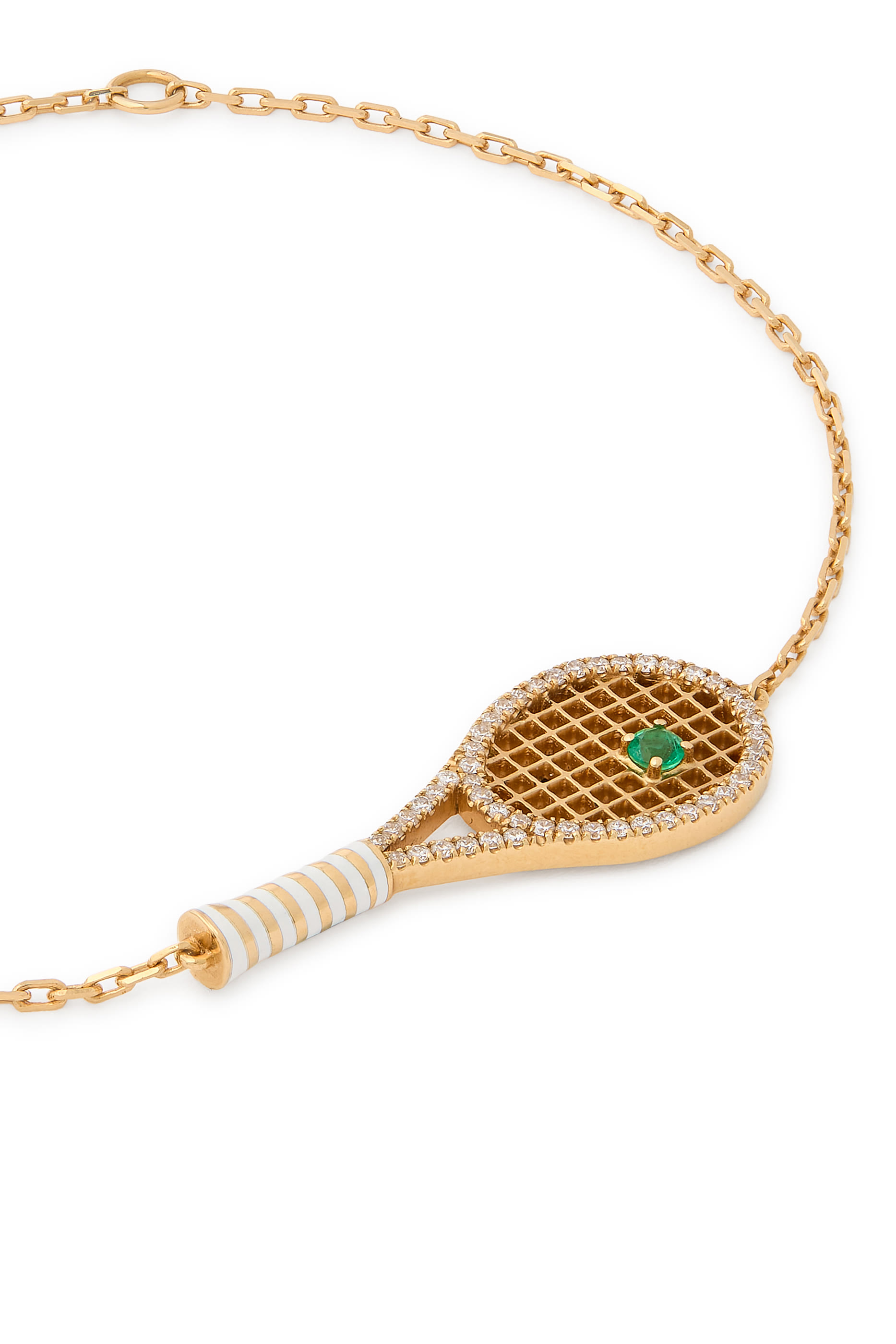 Tennis Racket Bracelet, 18k Yellow Gold with Diamonds & Emerald