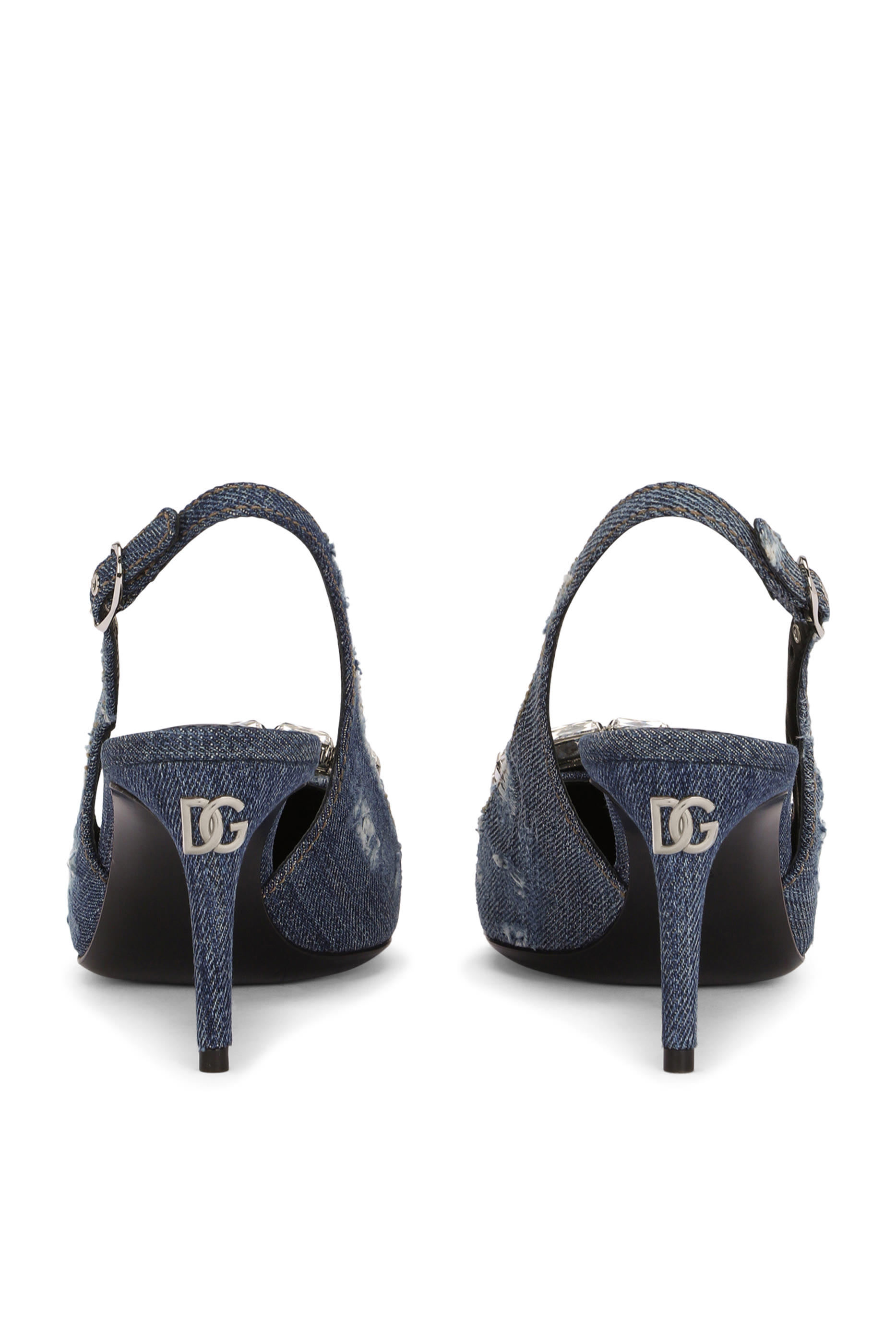 Patchwork Denim 60 Slingbacks with Rhinestone Buckle 