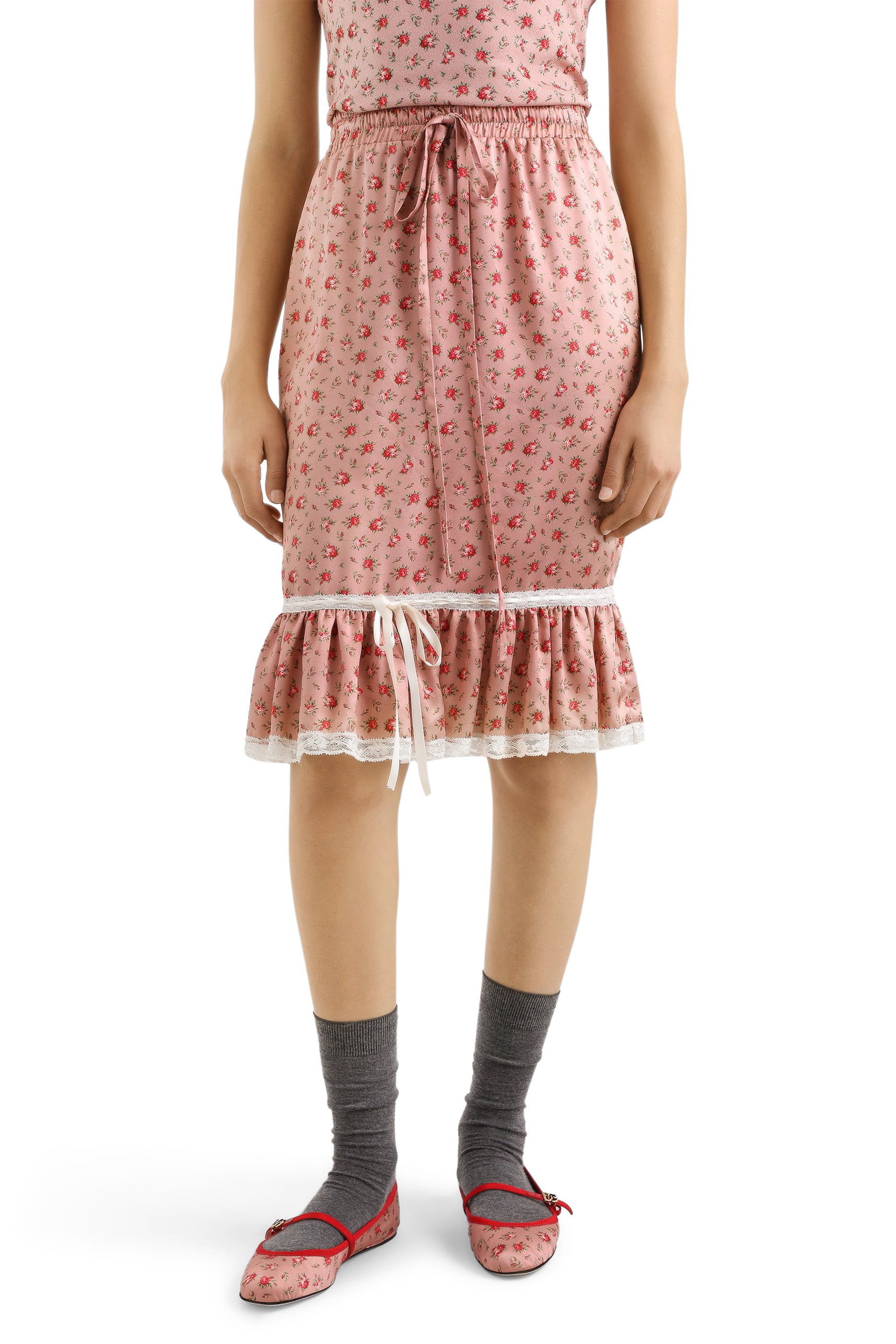 Small Rose-Print Straight Satin Skirt