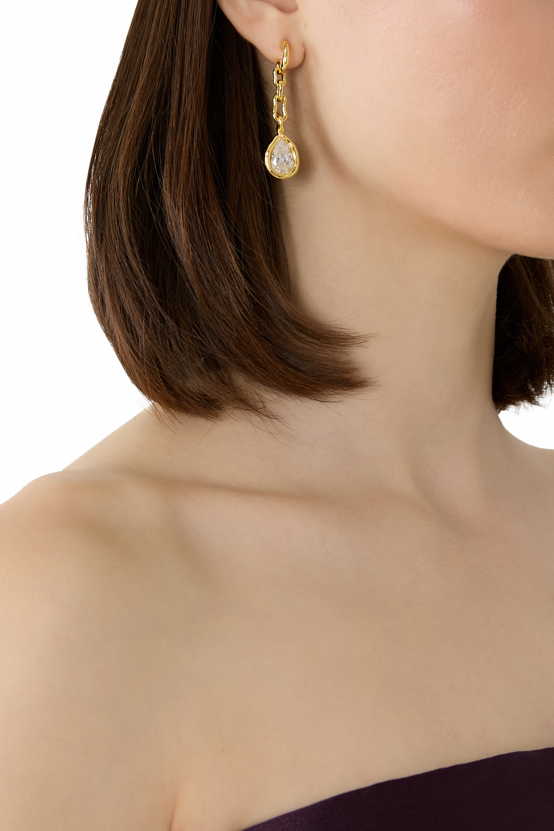 Asterales Link Pear Drop Earrings, 14k Gold Plated Brass & Cubic Zirconia