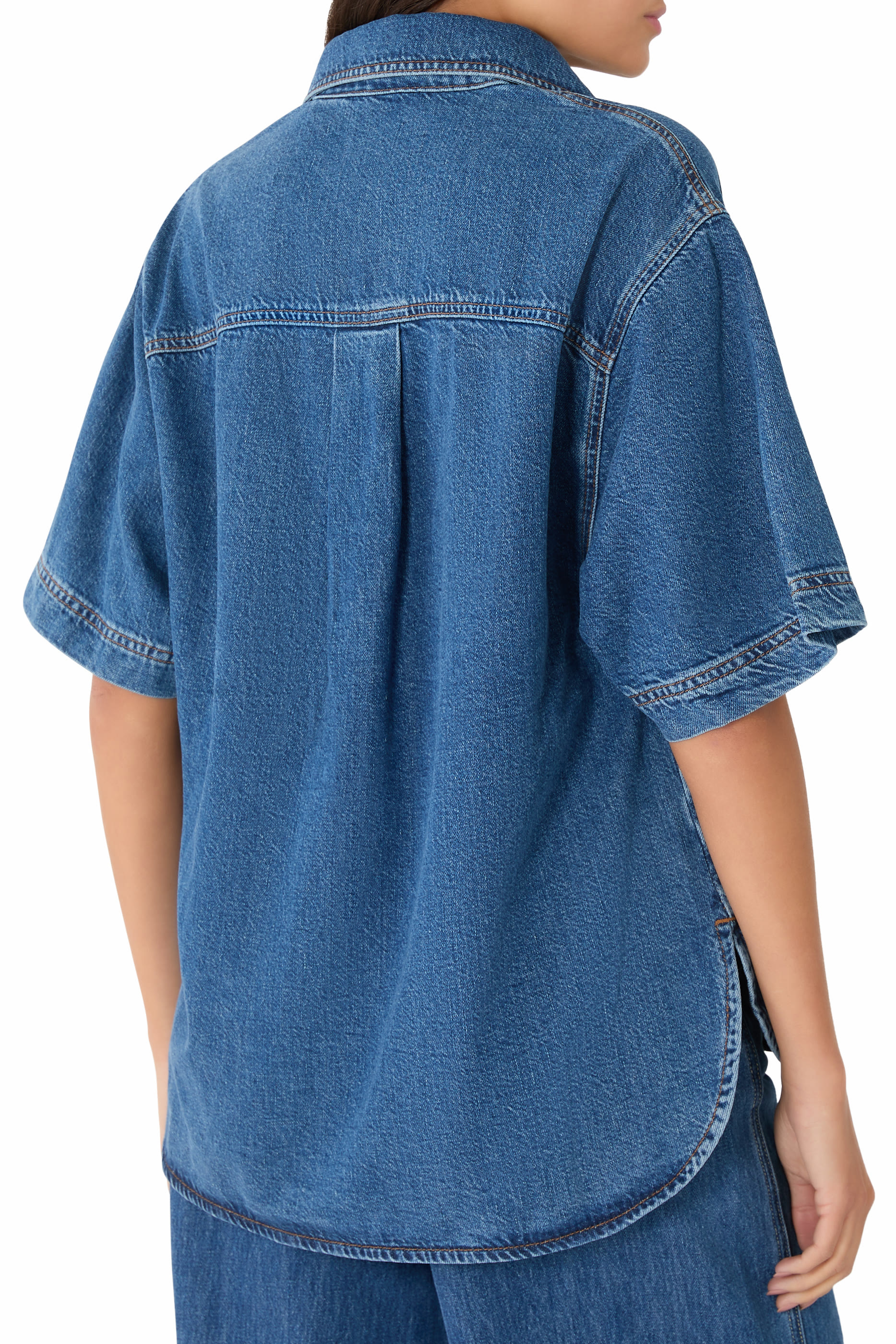 High-Low Short-Sleeve Denim Shirt