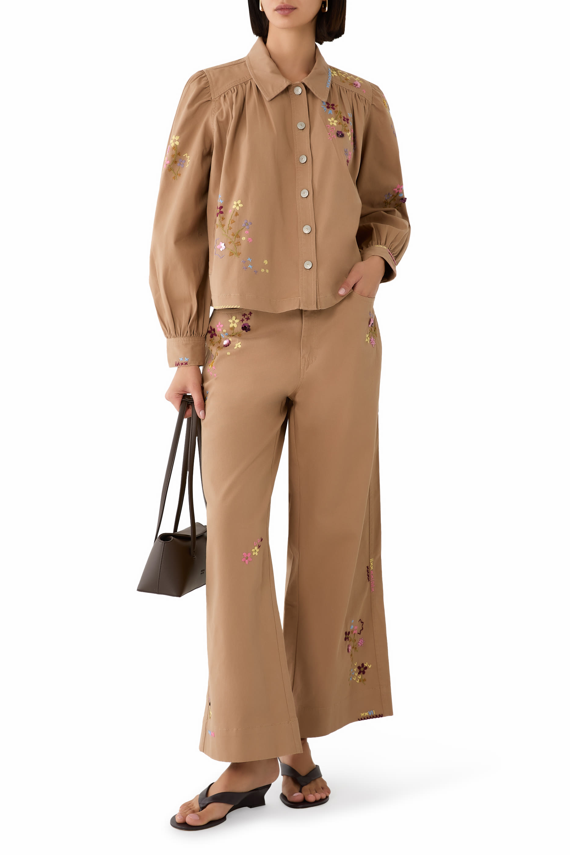 Betsy Wildflower-Embroidered Wide-Leg Crop Pants