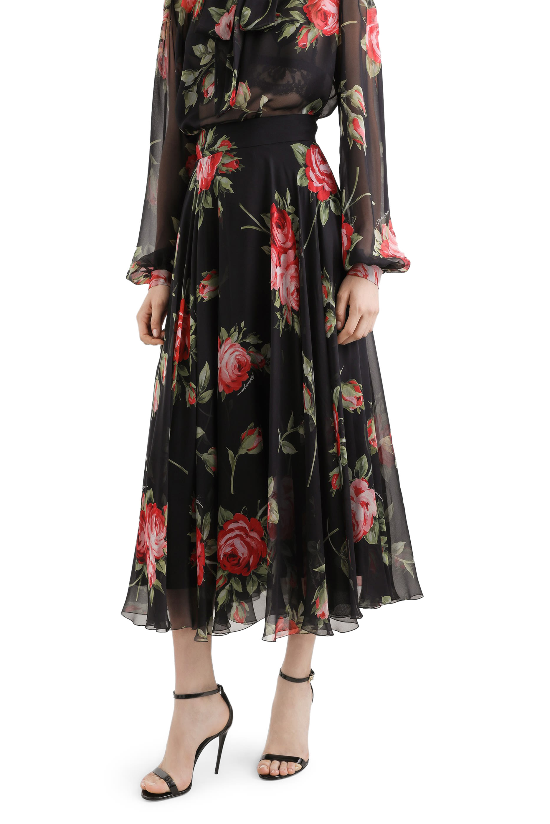 Rose Bouquet-Print Chiffon Circle Skirt