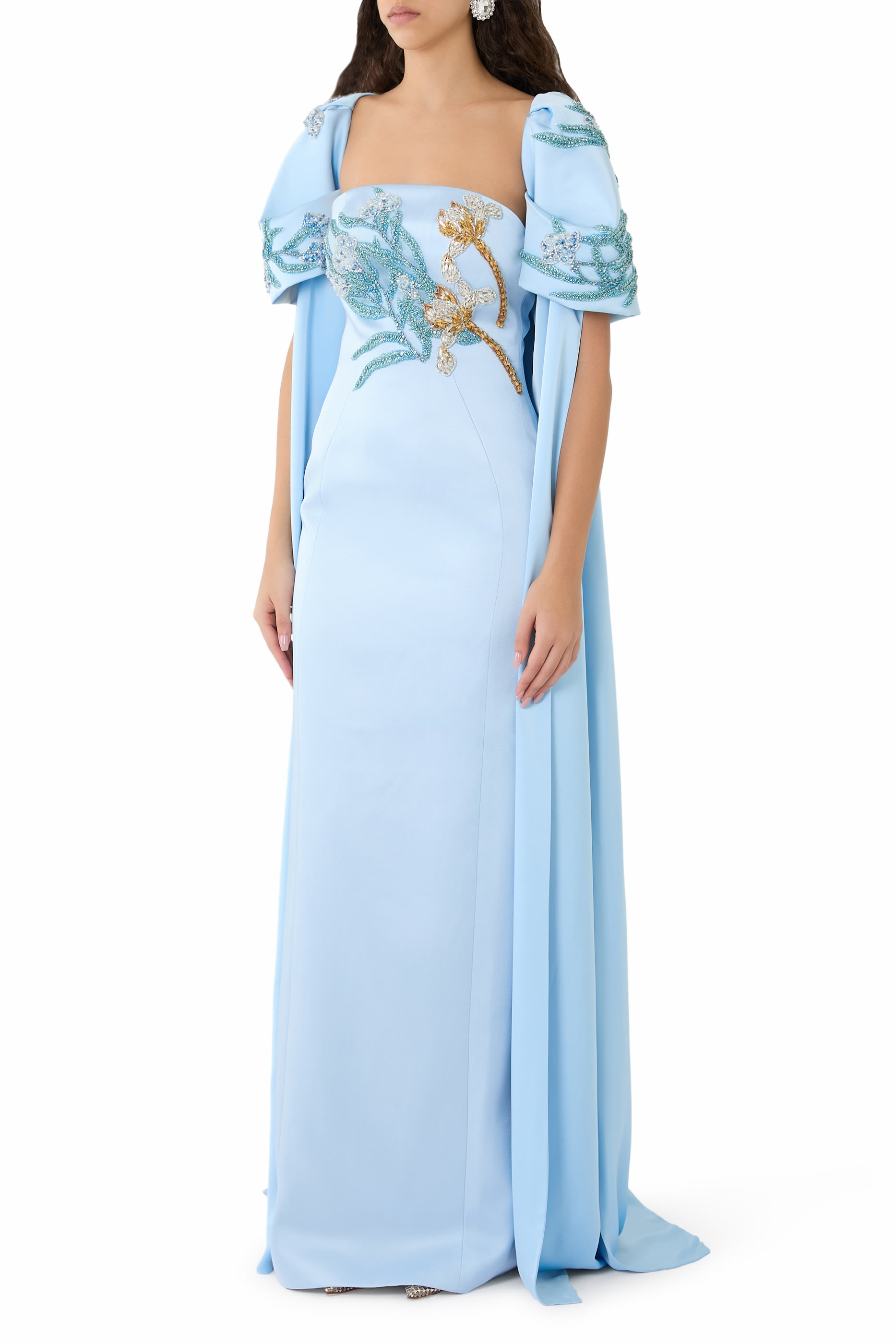 Embroidered Cape Strapless Gown